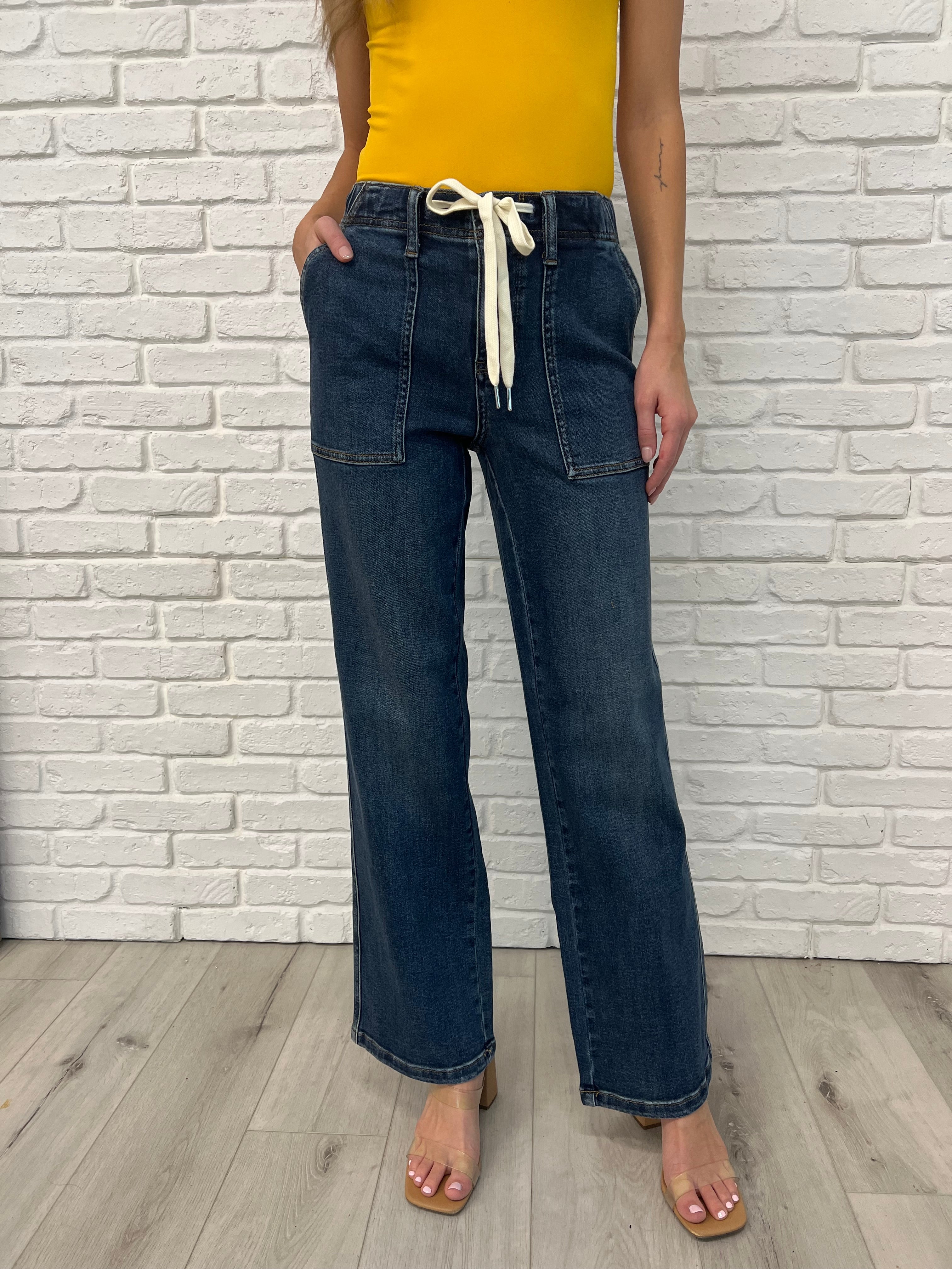 Melanie High Rise Drawstring Wide Leg Jeans - Charming Charlie