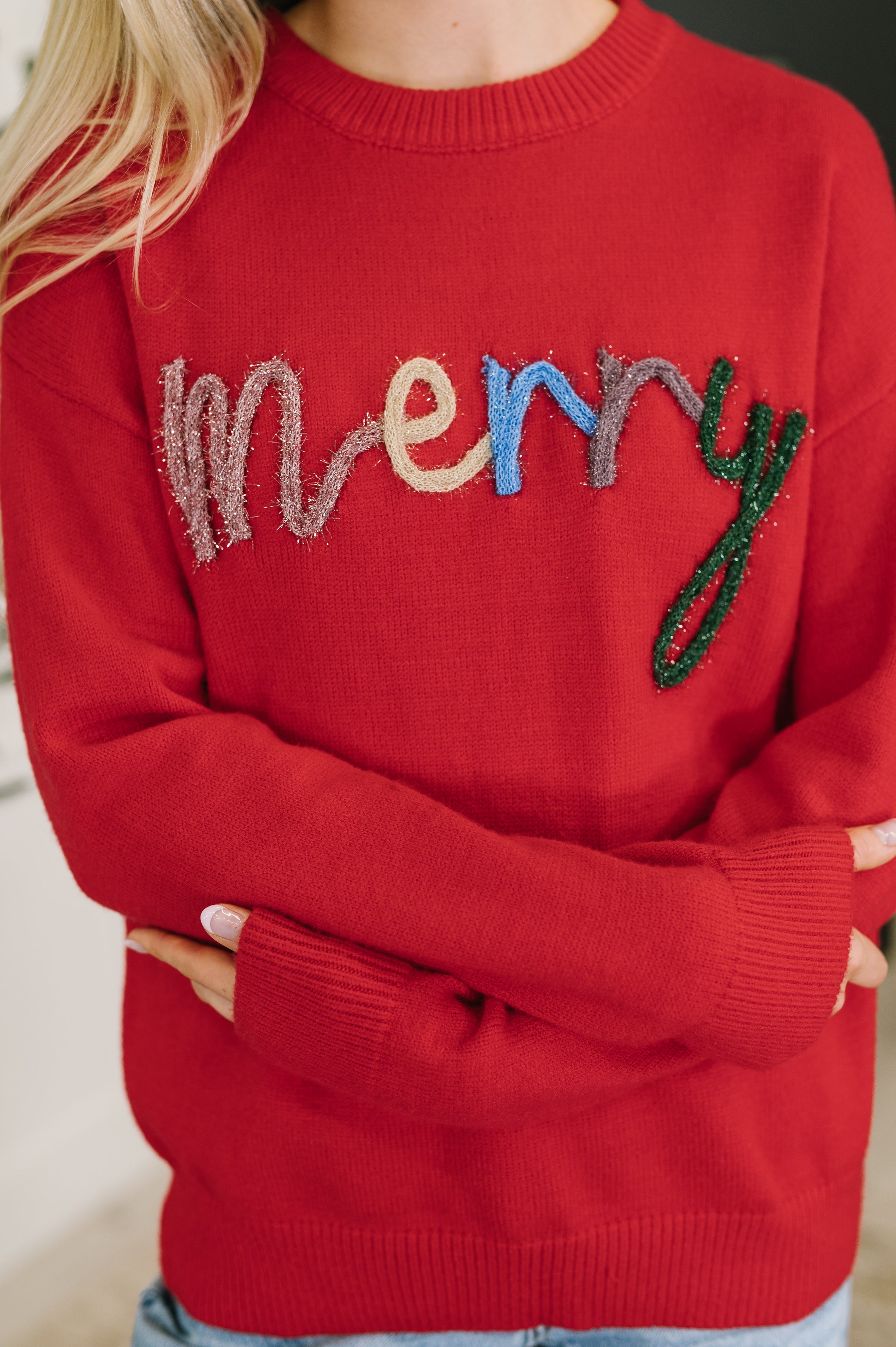 Merry Applique Drop Shoulder Pullover - Charming Charlie
