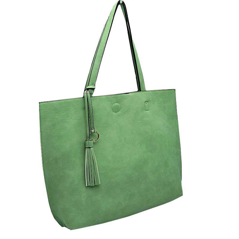 Mint Large Tote Reversible Shoulder Vegan Leather Tassel Handbag, High quality Vegan Leather is a luxurious and durable, Stay organized in style with this square-shaped shopper tote purse that is fully reversible for two contrasting interior and exterior solid colors. This vegan leather handbag includes an on-trend removable tassel embellishment. Guaranteed, This will be your go-to handbag.