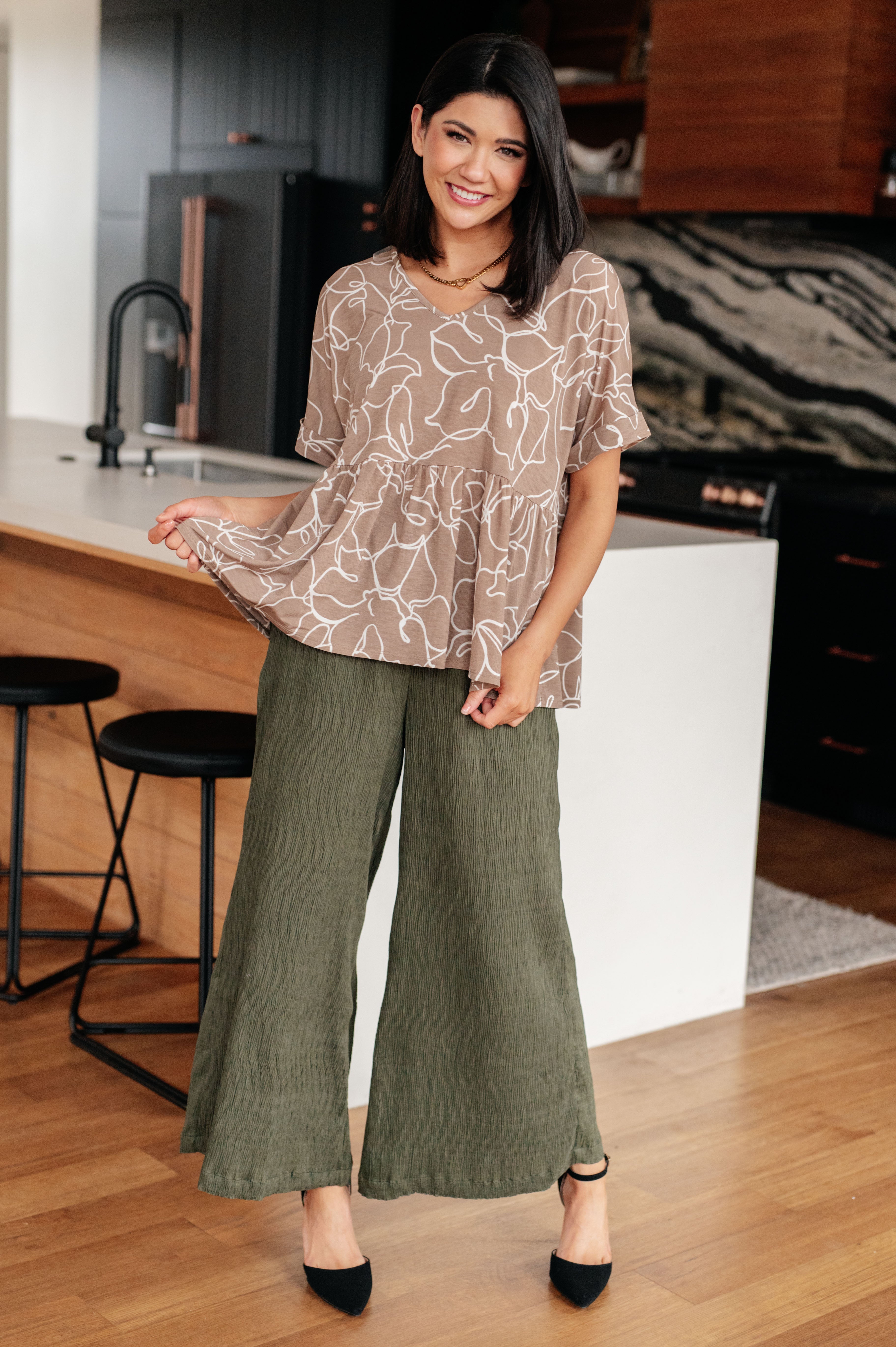 Mocha Petals V-Neck Top - Charming Charlie