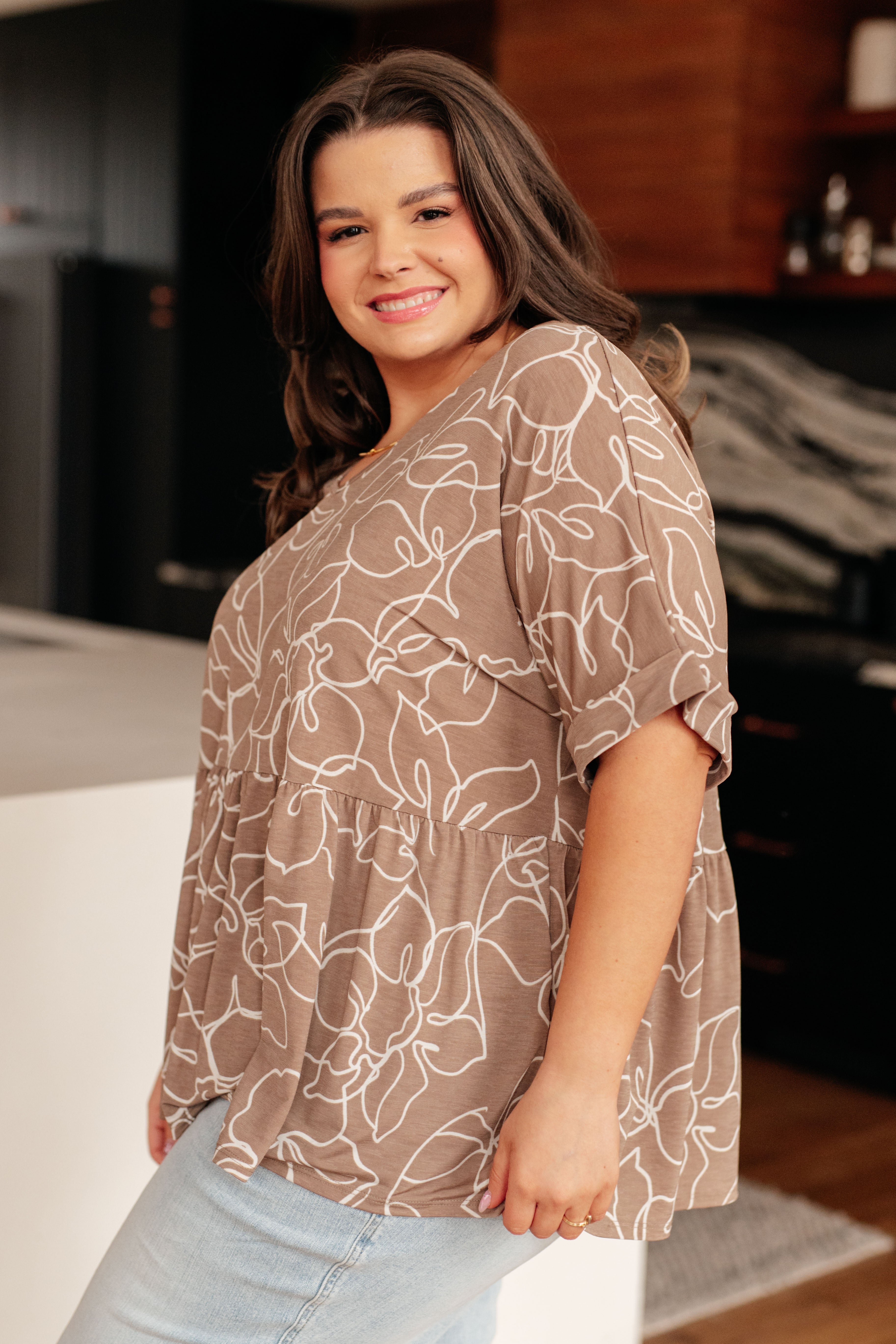 Mocha Petals V-Neck Top - Charming Charlie