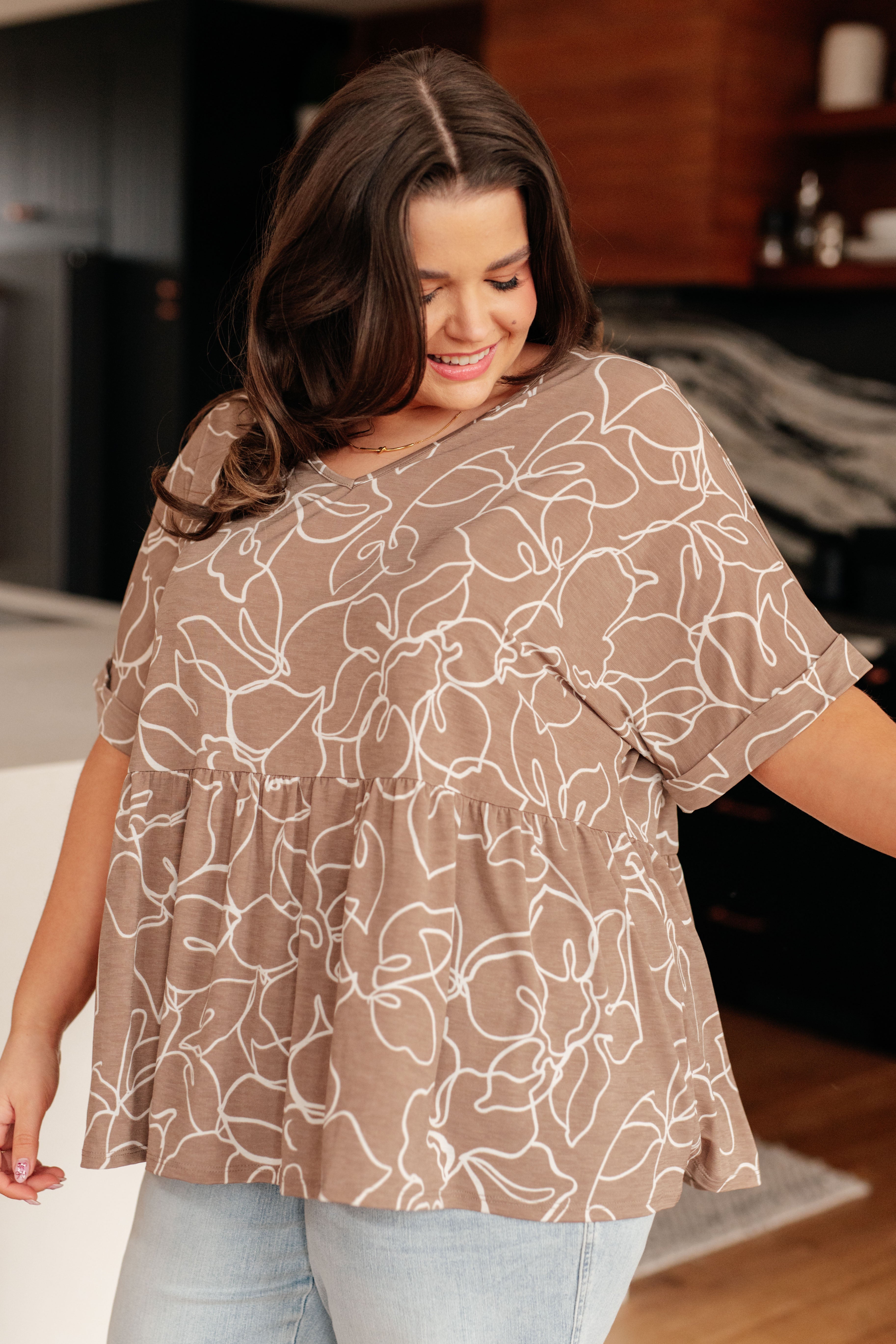 Mocha Petals V-Neck Top - Charming Charlie