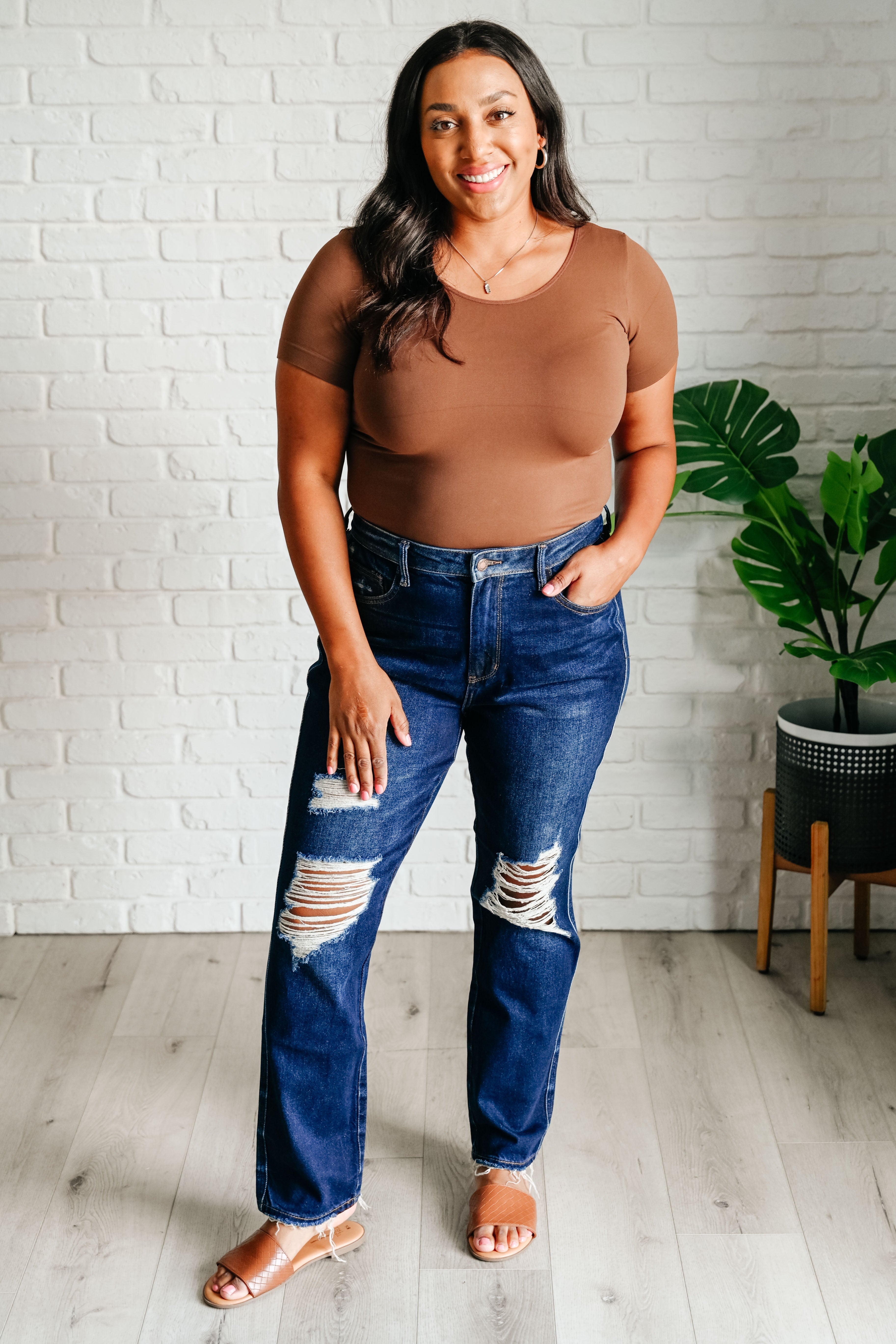 Montana High Rise Rigid Magic Distressed Straight Jeans - Charming Charlie