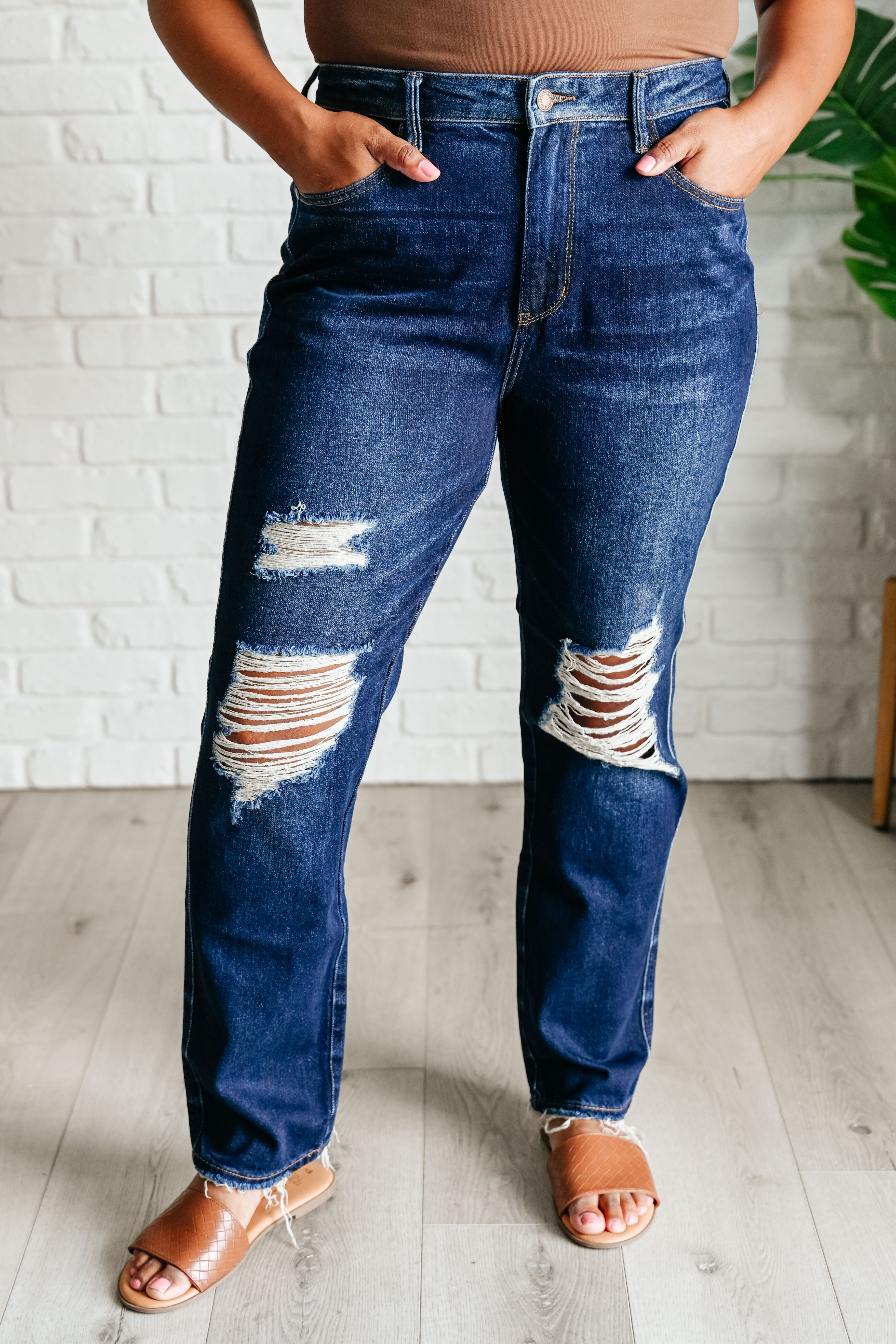 Montana High Rise Rigid Magic Distressed Straight Jeans - Charming Charlie