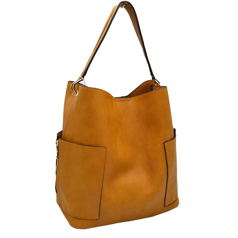 Mustard 2in1 Chic Satchel Side Pocket With Long Strap Bucket Bag, This casual crossbody bucket bag is super soft Vegan leather and has convenient side pockets to carry water bottles, phones, or glasses and a removable zipper pouch. Gold hardware. Extra bag inside and strap to make it a crossbody. Perfect for carrying around your stuff, this bag is big enough for all your daily essentials.