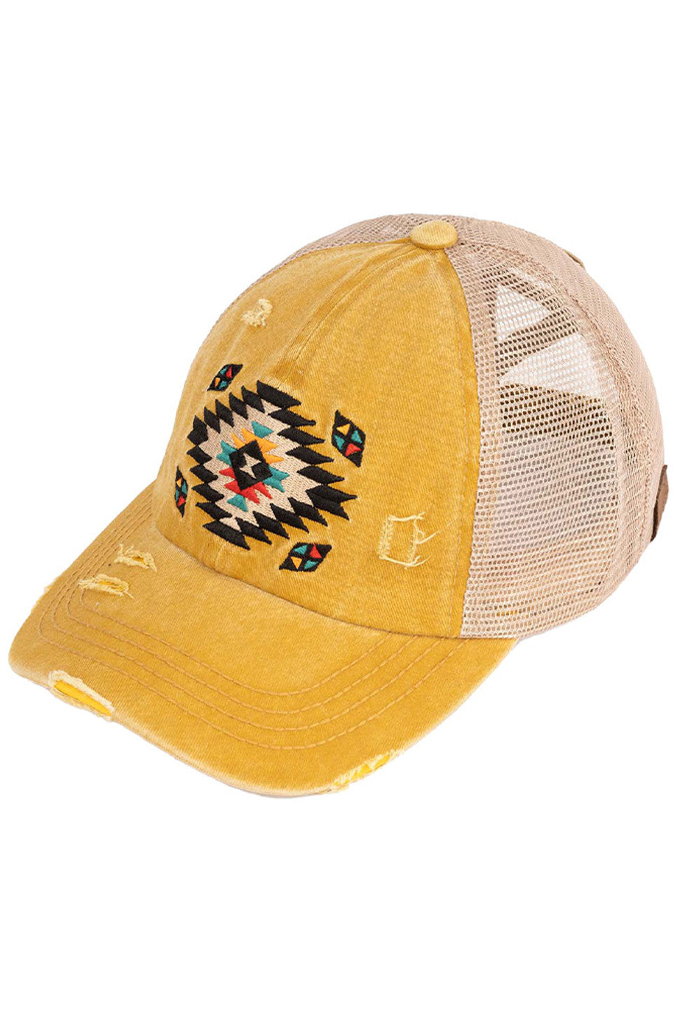 Mustard C.C AZTEC PATCH DISTRESSED PONY CAP is a stylish and versatile accessory that combines functionality with fashion. Made of high-quality materials, it features an eye-catching aztec patch design and a distressed finish for a trendy look. Stay protected from the sun and add a touch of personality to your outfit with this must-have cap.