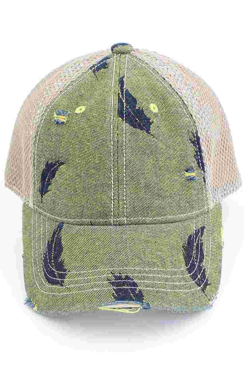 C.C LEAF MOTIF JACQUARD DENIM BASEBALL PONYCAP - Charming Charlie