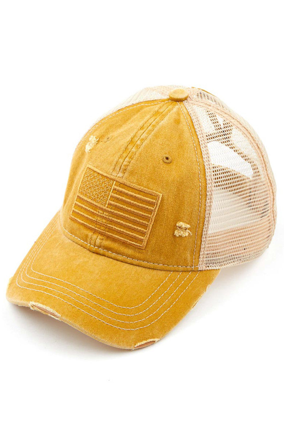 Mustard C.C U.S.A EMBROIDERY American Flag PONYCAP features premium quality materials and intricate embroidery of the American flag, perfect for proudly representing your country. The cap's design is stylish and versatile, making it suitable for various occasions. Show your patriotism with pride and style.