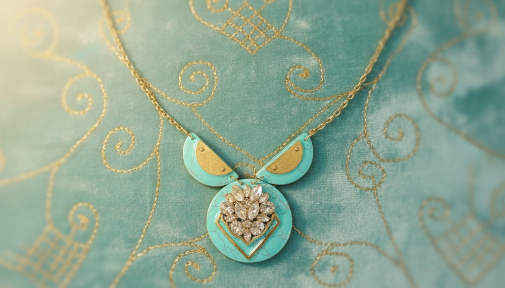 Turquoise and Gold Necklace with Crystal Centerpiece - Charming Charlie