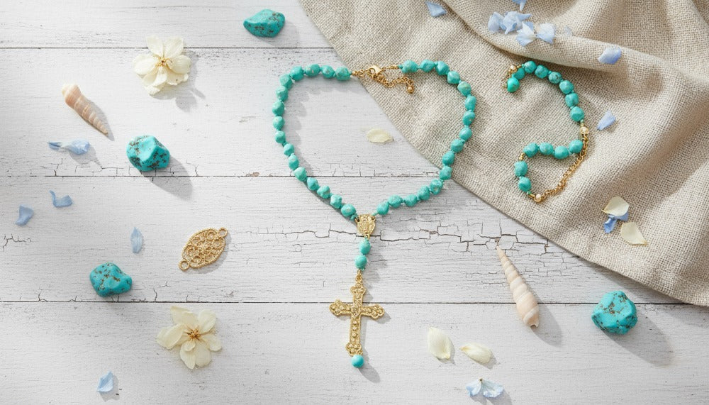 Turquoise Bead Rosary-Style Necklace with Gold Cross Pendant - Charming Charlie