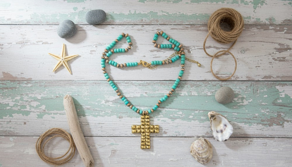 Beaded Cross with Gold Accent Necklace - Charming Charlie