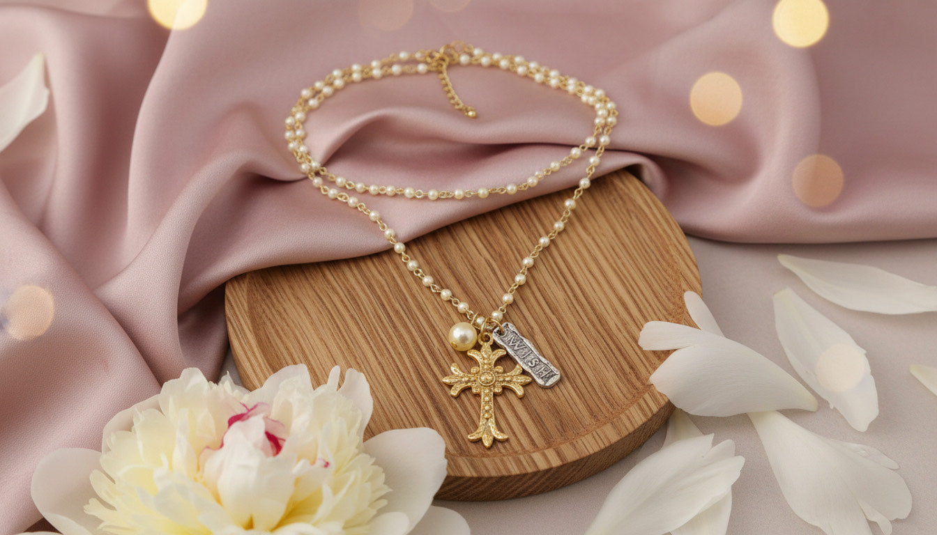 Gold-tone necklace with Pearl Beads, a Cross Pendant - Charming Charlie