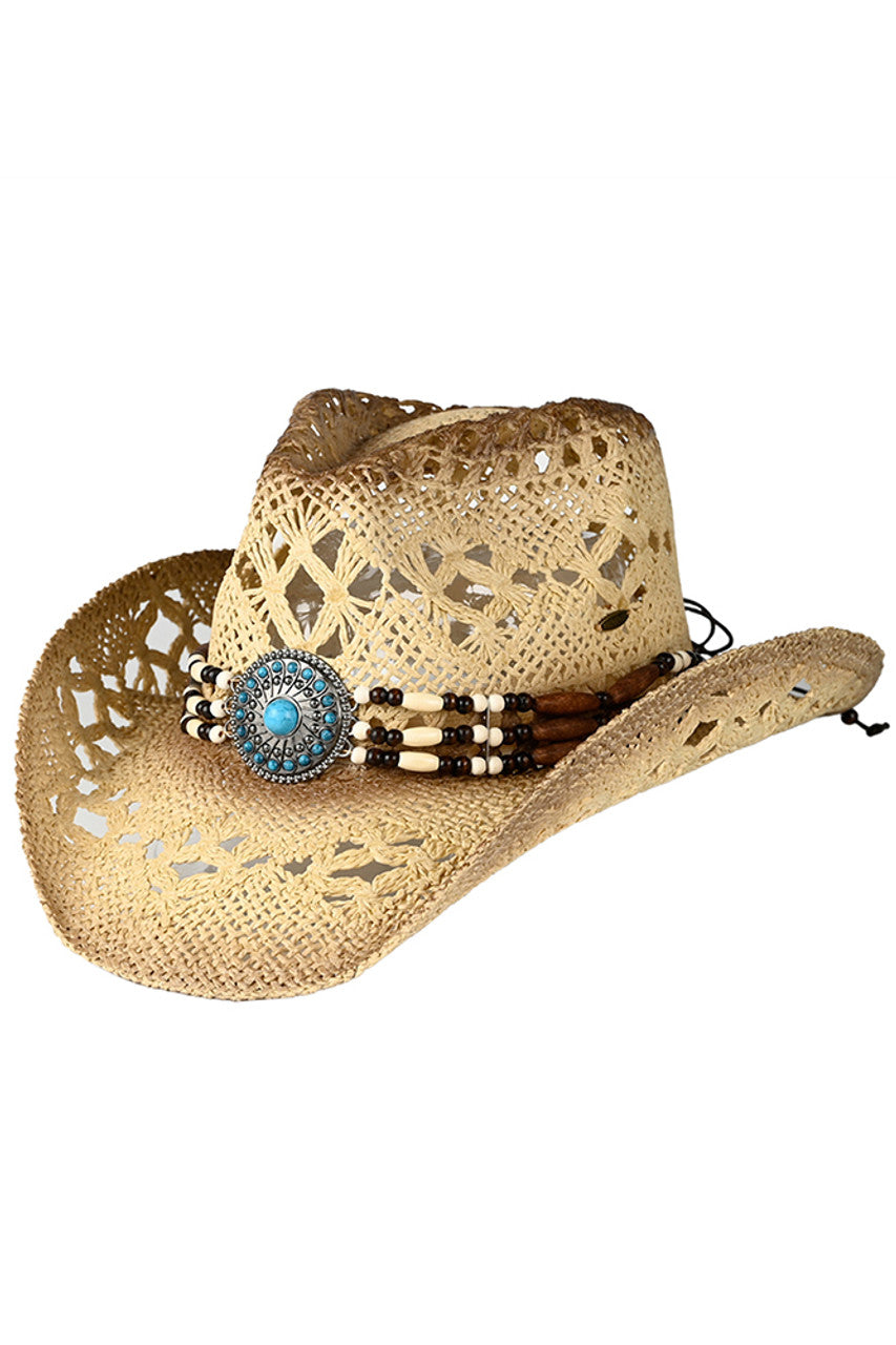 C.C Western Wooden Bead Band Tea-Stain Cowboy Hat - Natural - Cowboy Hats