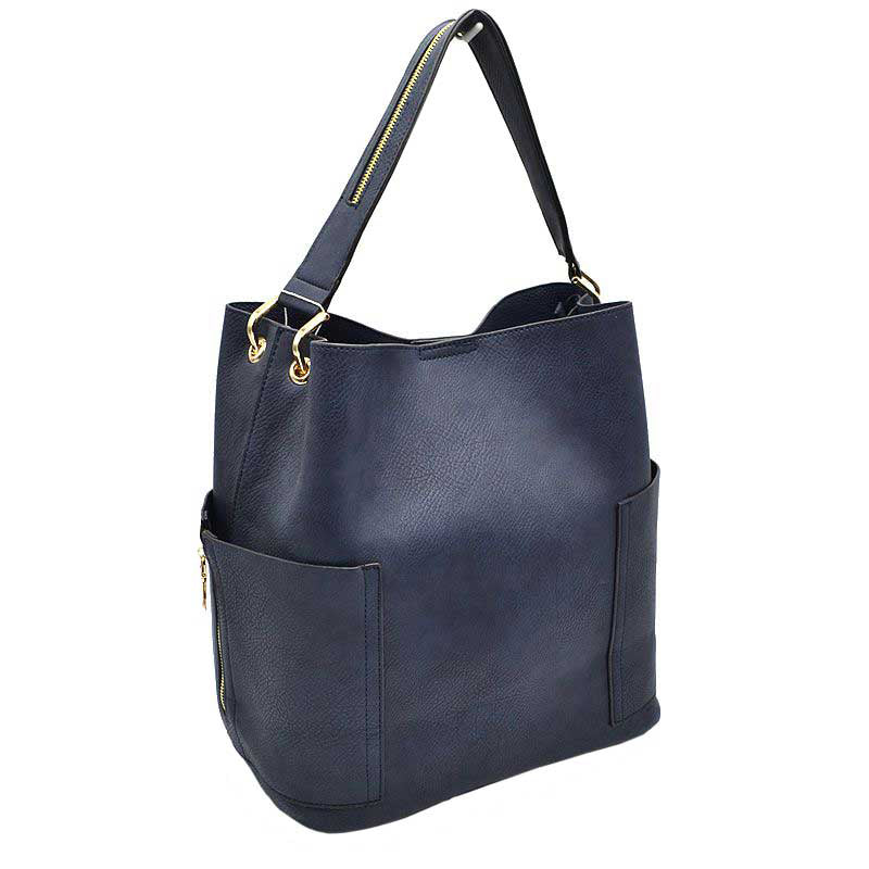Navy Blue 2in1 Chic Satchel Side Pocket With Long Strap Bucket Bag, This casual crossbody bucket bag is super soft Vegan leather and has convenient side pockets to carry water bottles, phones, or glasses and a removable zipper pouch. Gold hardware. Extra bag inside and strap to make it a crossbody. Perfect for carrying around your stuff, this bag is big enough for all your daily essentials.