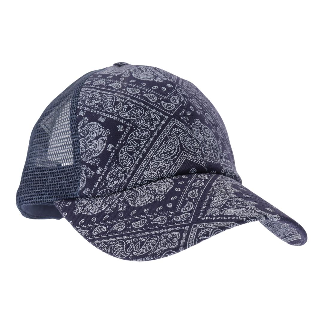 Navy C.C PAISLEY BANDANA CRISS CROSS PONYCAP is a stylish addition to any wardrobe. Its paisley bandana design adds a touch of retro flair, while the criss cross ponycap style keeps your hair out of your face. Made with high-quality materials, this cap not only looks great, but also provides comfort and durability. Elevate your fashion game with this must-have accessory.