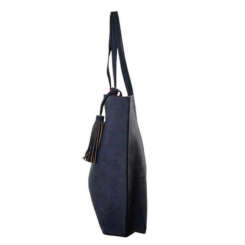 Navy Large Tote Reversible Shoulder Vegan Leather Tassel Handbag, High quality Vegan Leather is a luxurious and durable, Stay organized in style with this square-shaped shopper tote purse that is fully reversible for two contrasting interior and exterior solid colors. This vegan leather handbag includes an on-trend removable tassel embellishment. Guaranteed, This will be your go-to handbag.