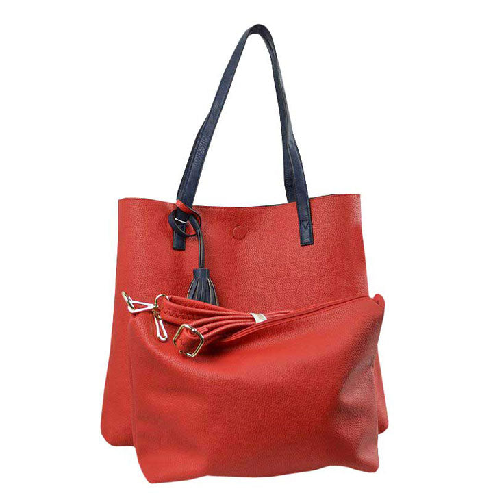 Navy Large Tote Reversible Shoulder Vegan Leather Tassel Handbag, High quality Vegan Leather is a luxurious and durable, Stay organized in style with this square-shaped shopper tote purse that is fully reversible for two contrasting interior and exterior solid colors. This vegan leather handbag includes an on-trend removable tassel embellishment. Guaranteed, This will be your go-to handbag.