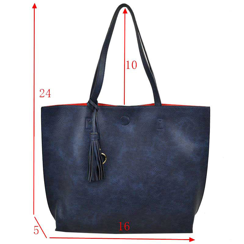 Navy Large Tote Reversible Shoulder Vegan Leather Tassel Handbag, High quality Vegan Leather is a luxurious and durable, Stay organized in style with this square-shaped shopper tote purse that is fully reversible for two contrasting interior and exterior solid colors. This vegan leather handbag includes an on-trend removable tassel embellishment. Guaranteed, This will be your go-to handbag.
