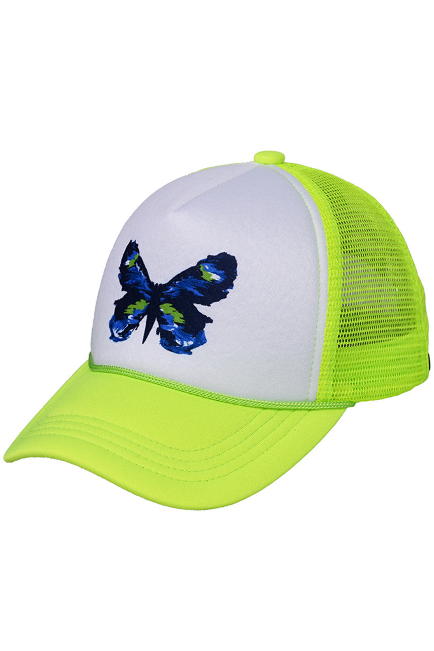 Neon Yellow-This C.C Hand-Painted Abstract Butterfly Trucker Cap boasts a unique, hand-painted abstract butterfly design. Made with superior-quality materials, this cap provides both style and comfort. Don't blend in with the crowd - stand out with this eye-catching accessory.