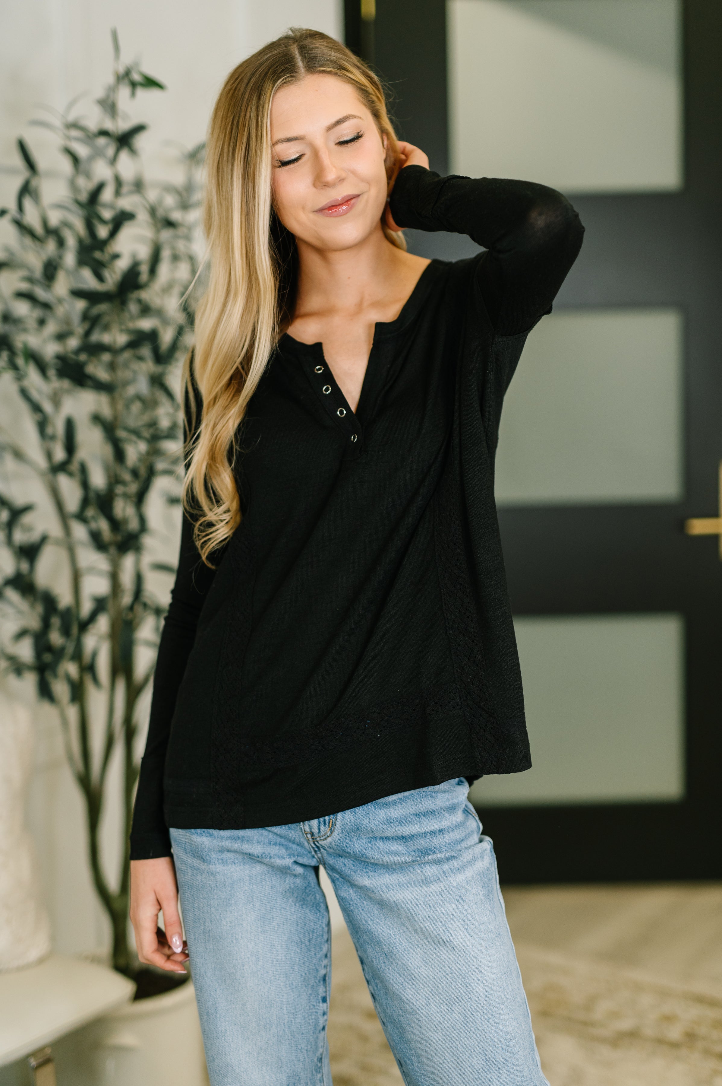 Never Been So Sure Lace Accent Henley Top in Black - Charming Charlie
