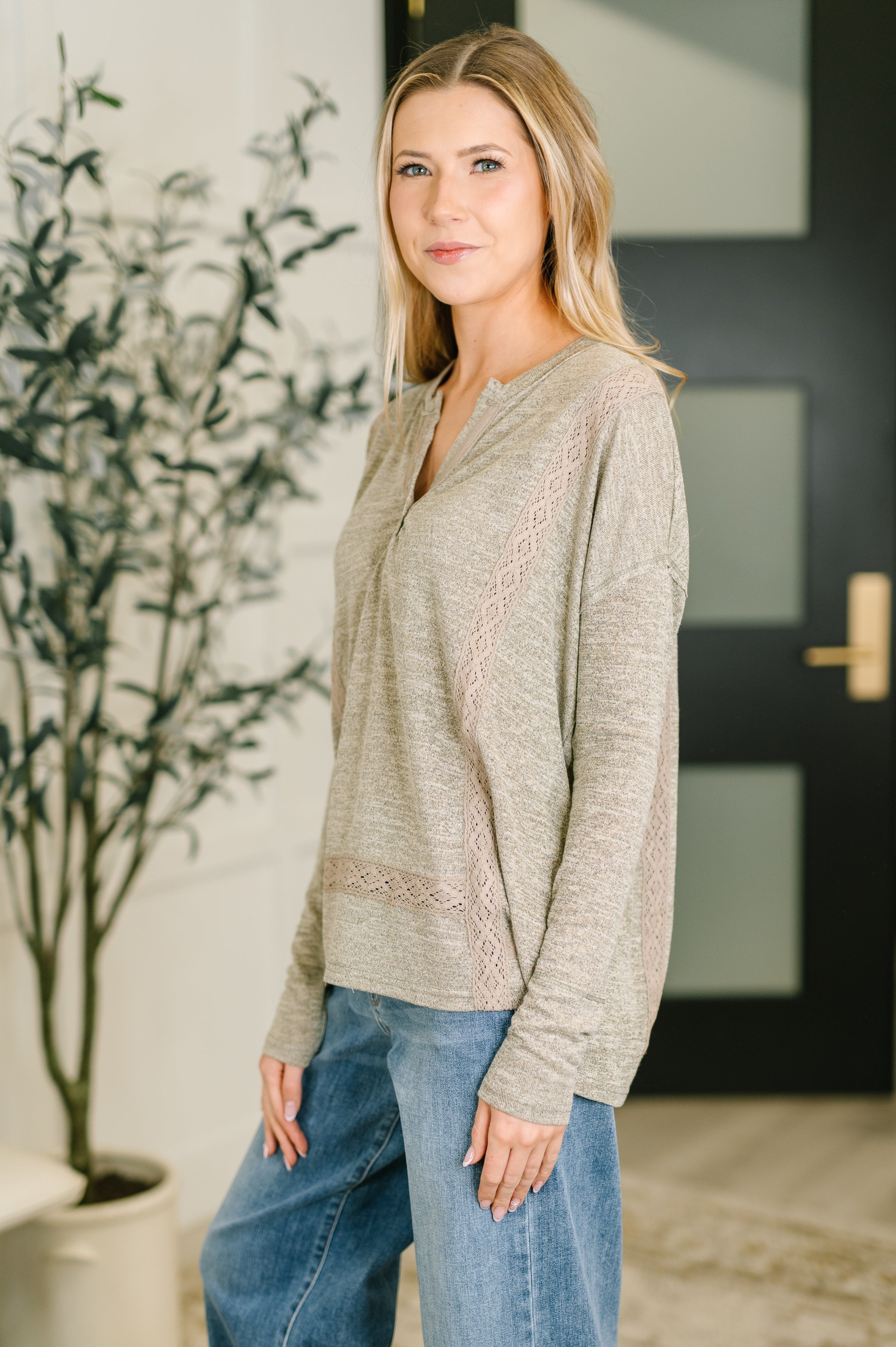 Never Been So Sure Lace Accent Henley Top in Taupe - Charming Charlie