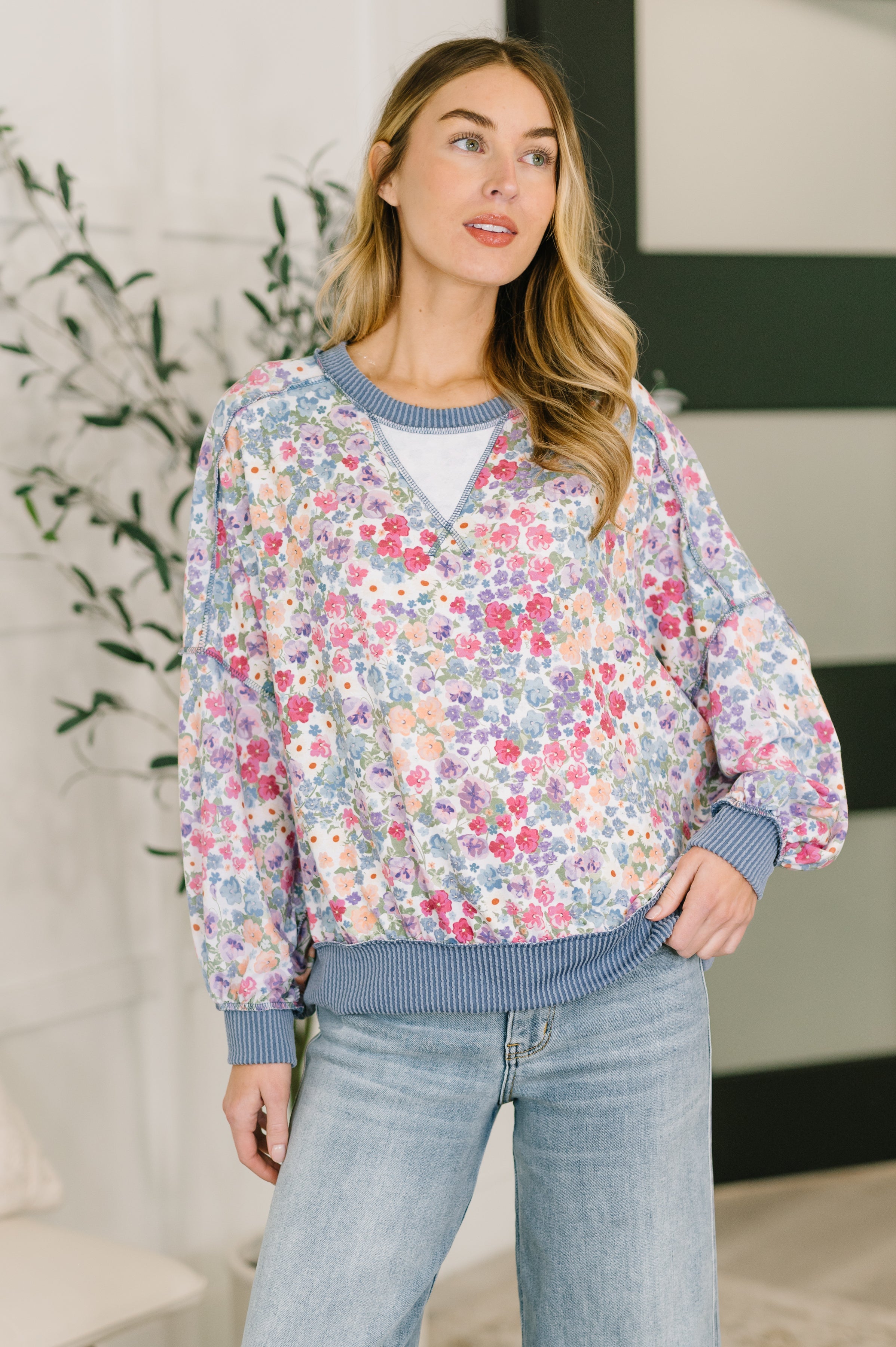New Opportunities Drop Shoulder Floral Pullover - Charming Charlie