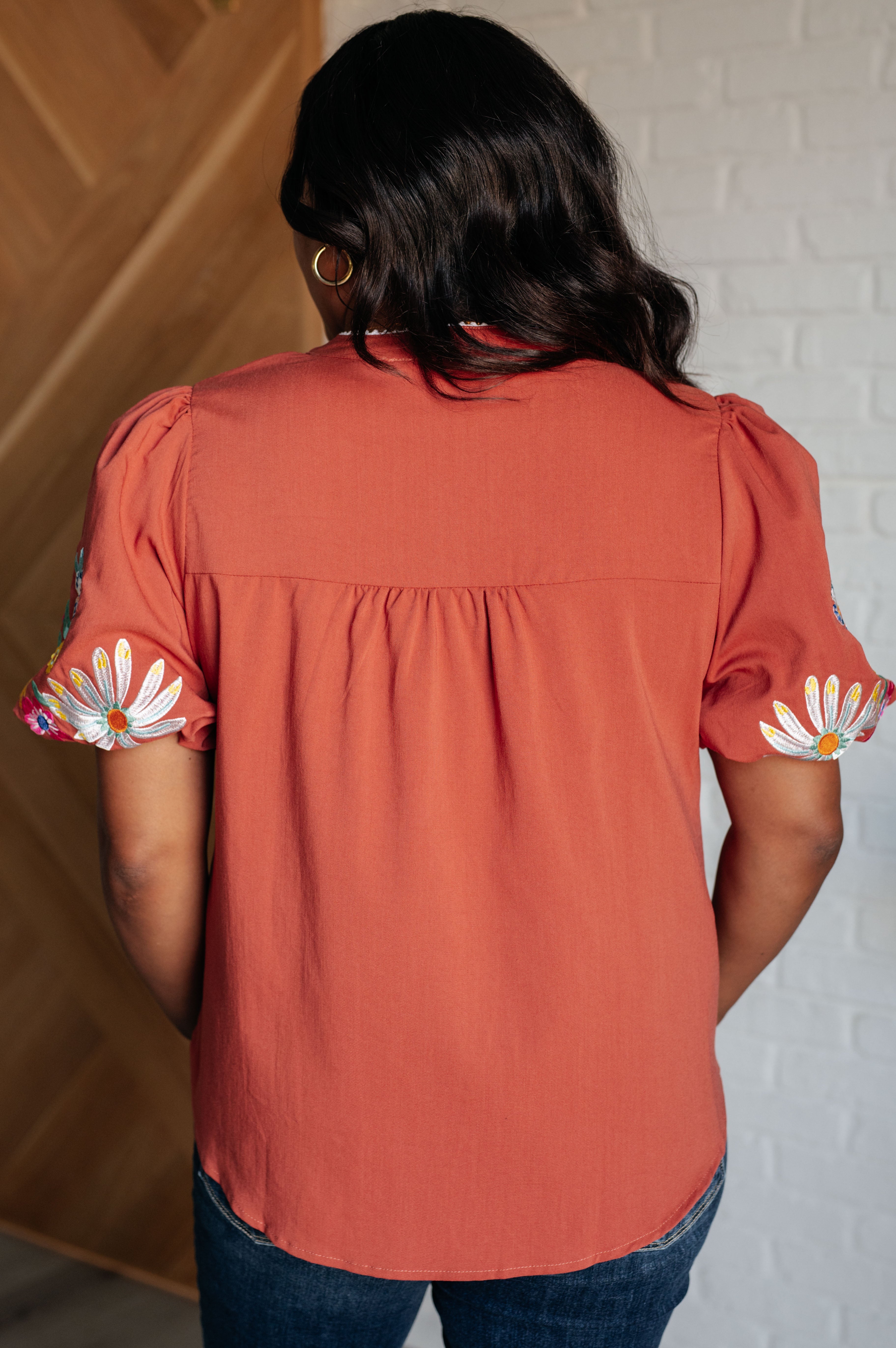 No Concerns Embroidered Sleeve Blouse - Charming Charlie