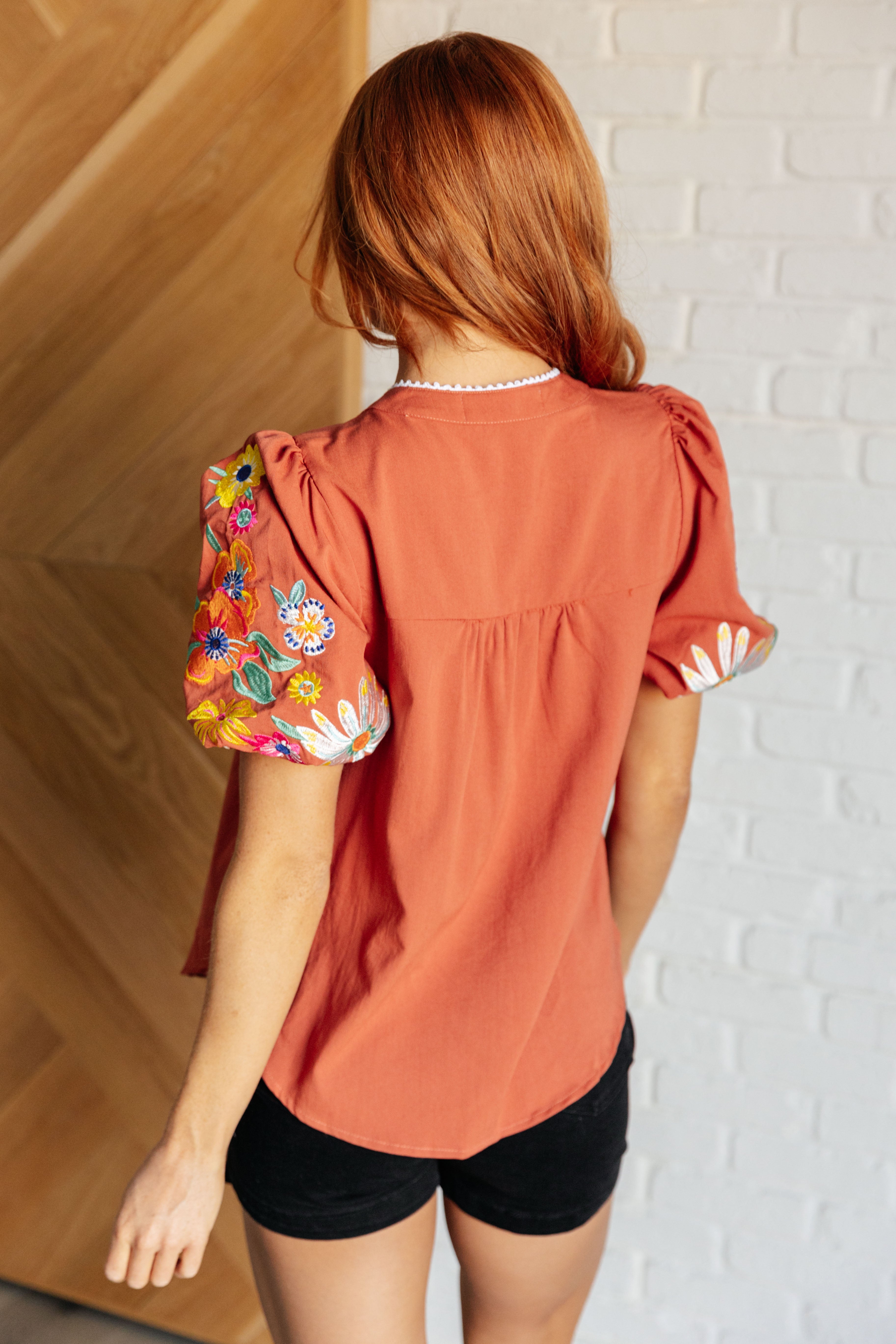 No Concerns Embroidered Sleeve Blouse - Charming Charlie