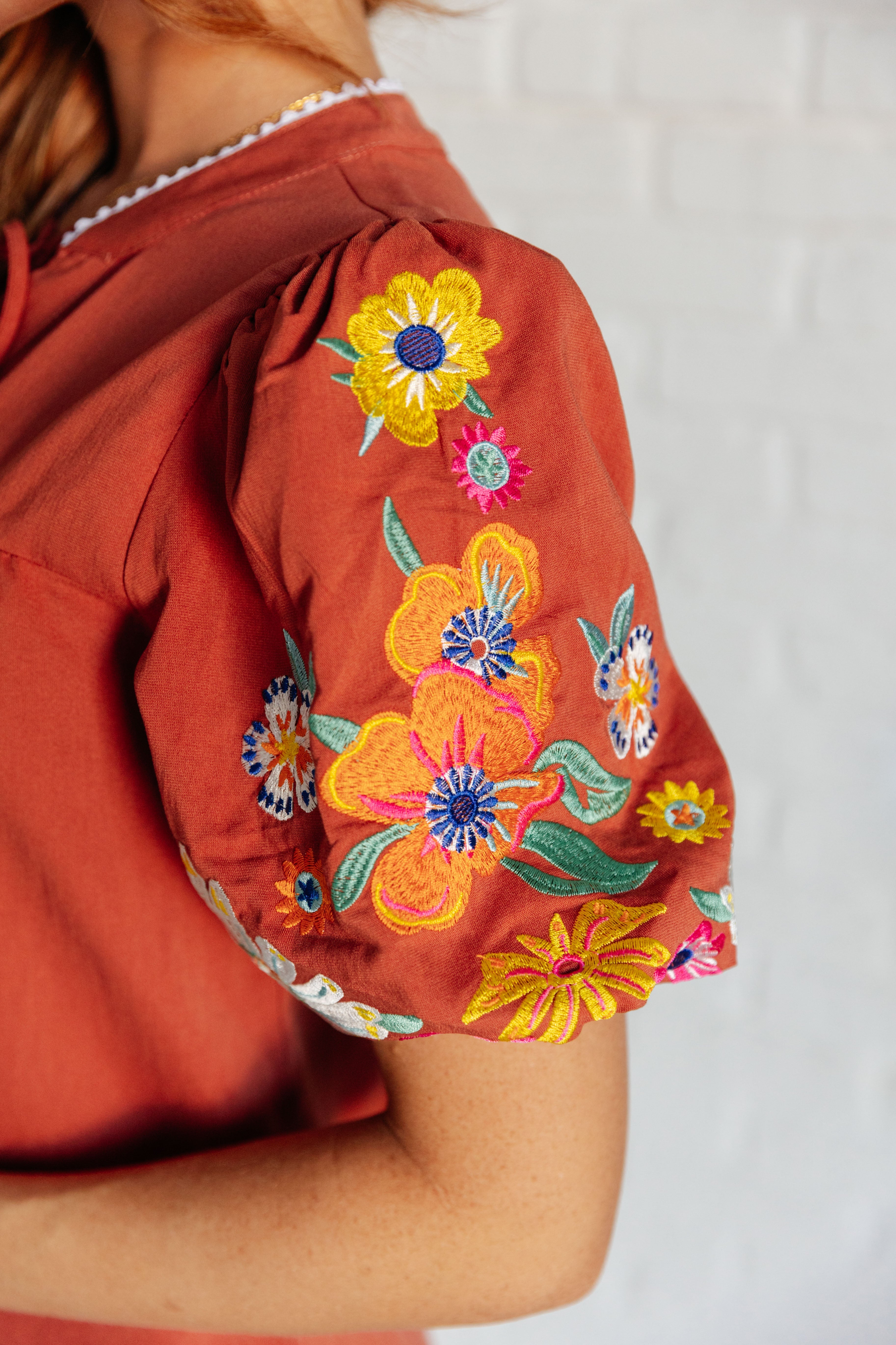 No Concerns Embroidered Sleeve Blouse - Charming Charlie