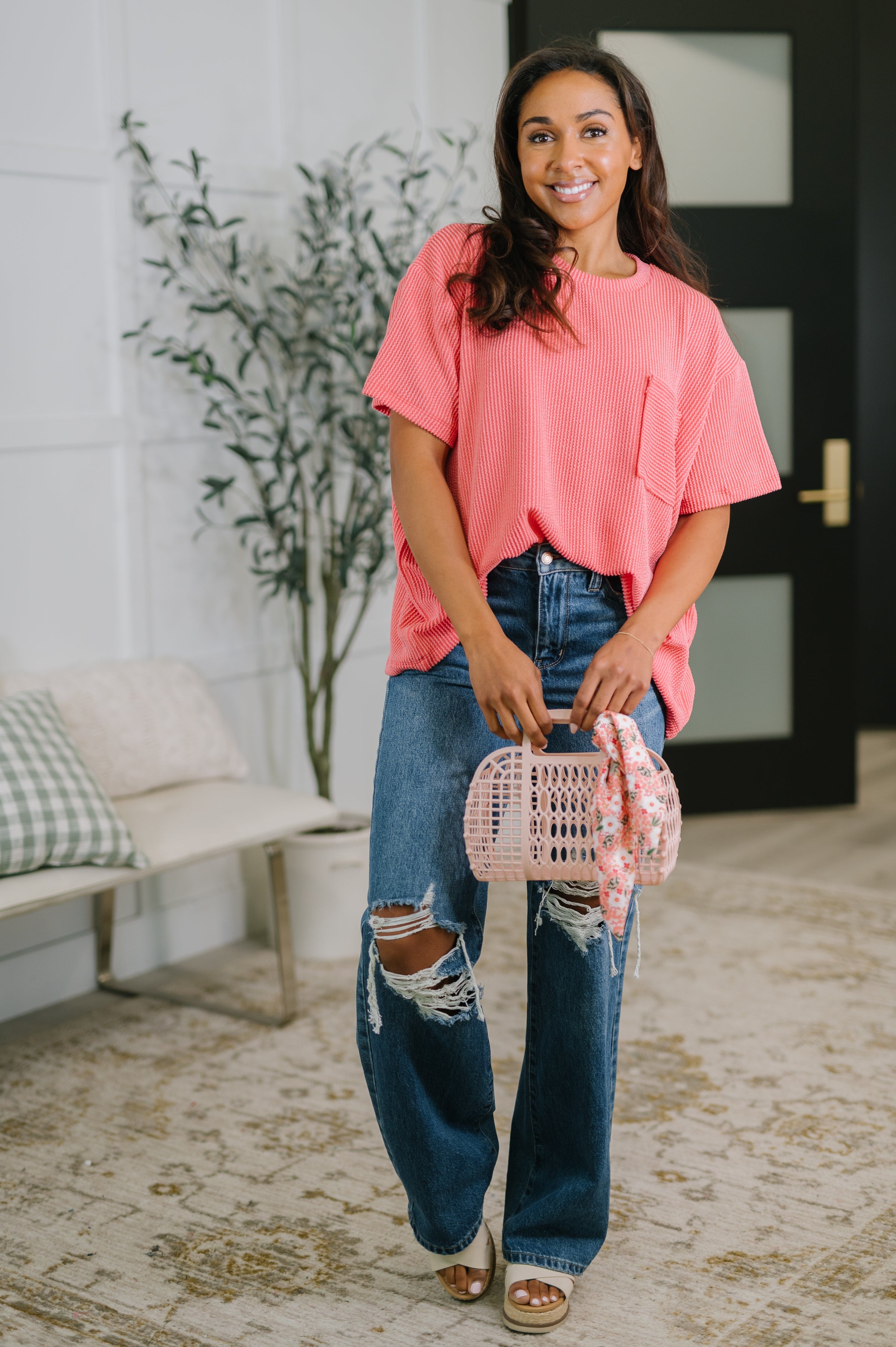 Not That complicated Textured Boxy Tee in Salmon - Charming Charlie