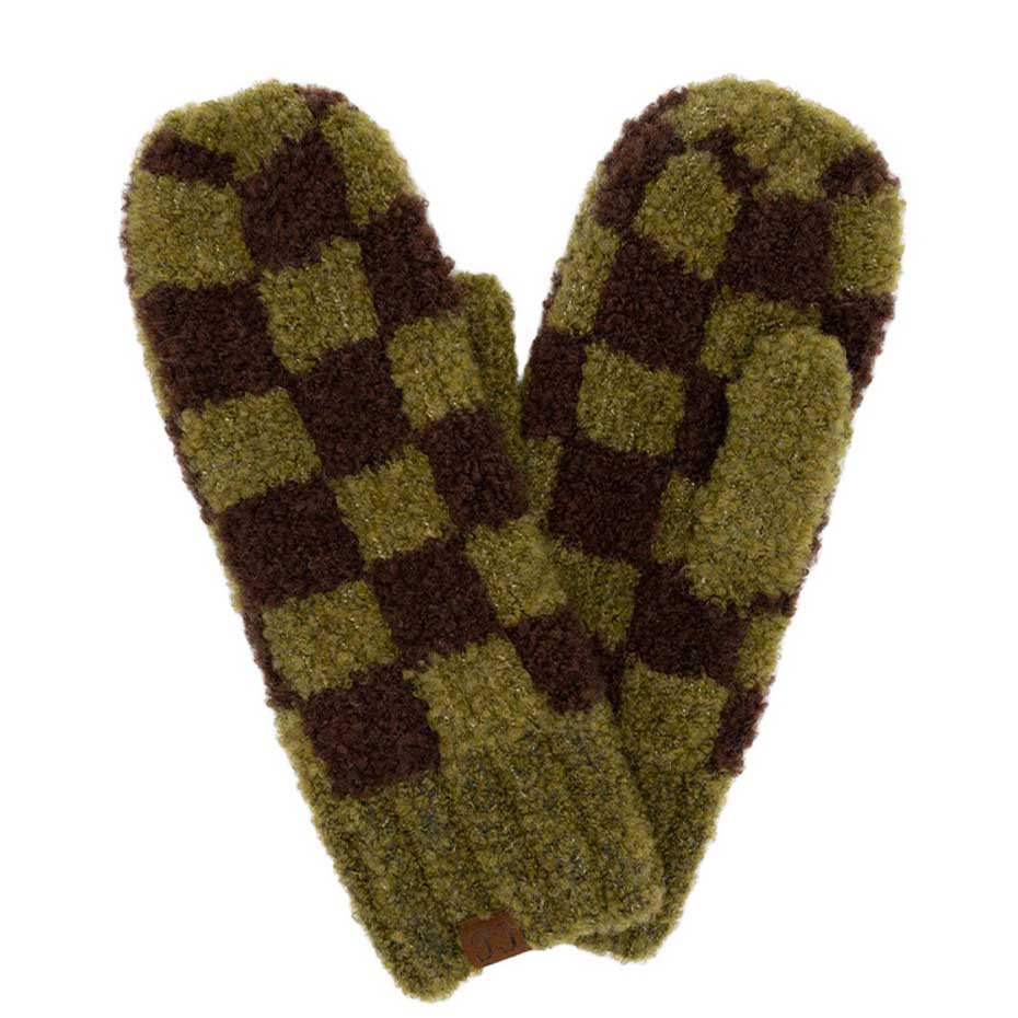 C.C Checkered Pattern Boucle Mittens - Olive Brown - Mittens