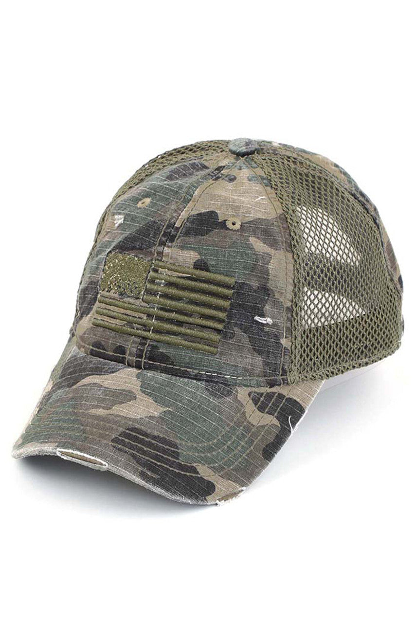 C.C AMERICAN FLAG EMBROIDERY CAMO BASEBALL CAP - Olive - BASEBALL CAP