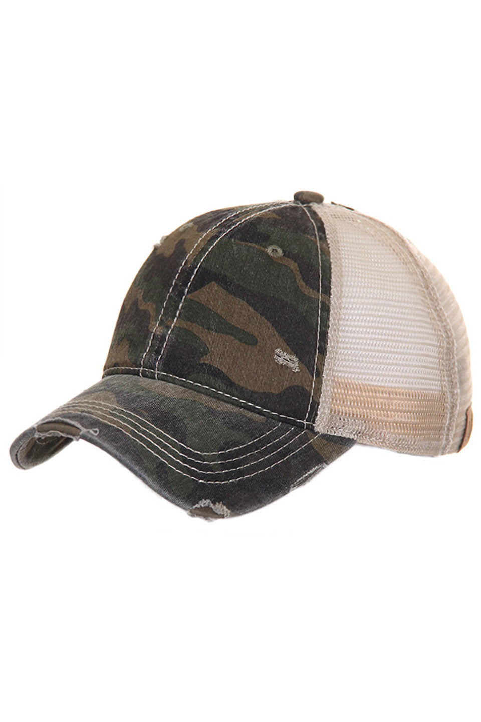 olive C.C CAMOUFLAGE VINTAGE STYLE PONYCAP is perfect for anyone looking for a stylish and functional hat. Its camouflage design adds a unique touch to any outfit, while its vintage-style pony cap shape provides both style and functionality. Made with high-quality materials, this hat is sure to be a long-lasting accessory for any outdoor adventure.