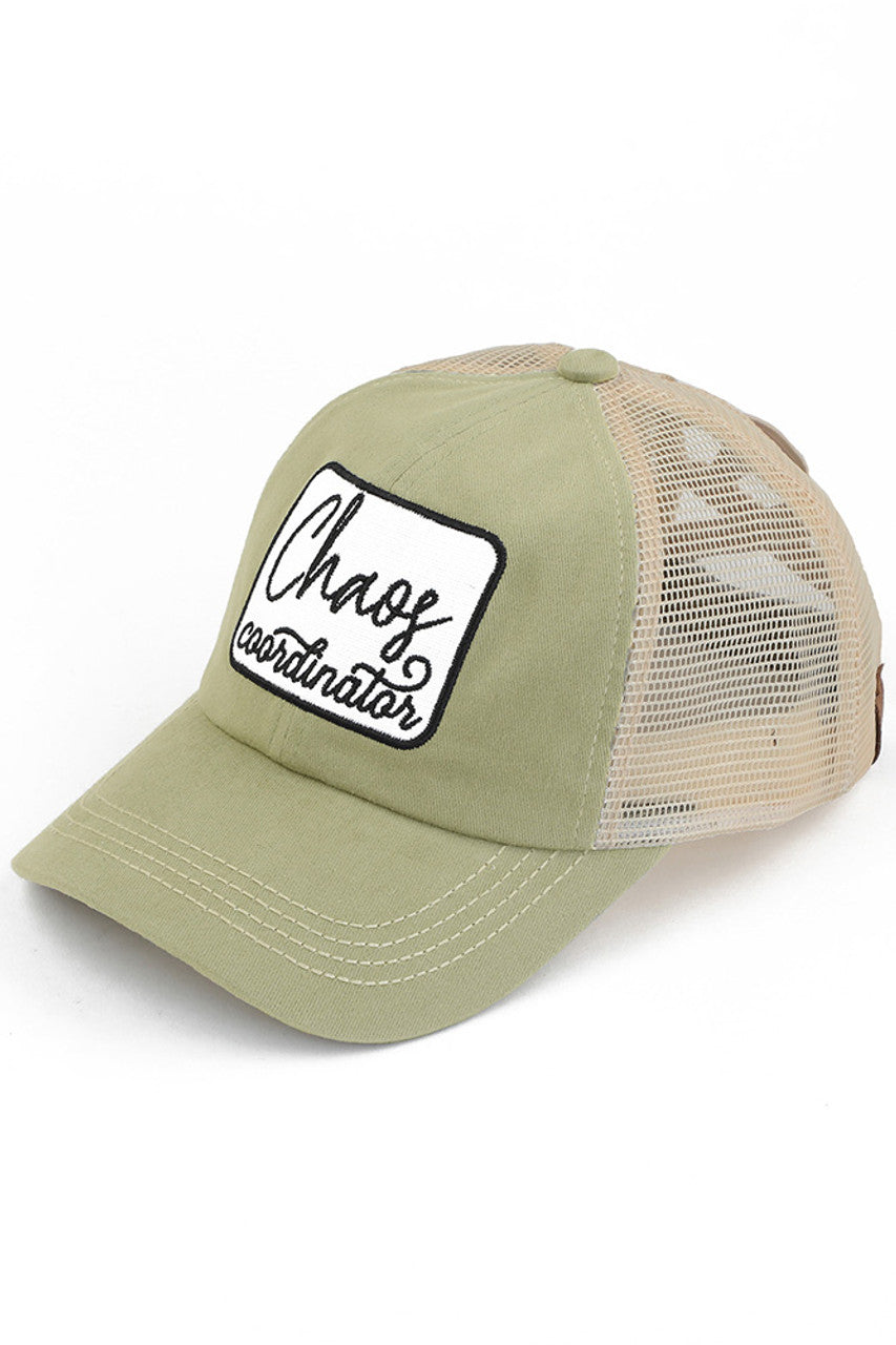Olive C.C CHAOS COORDINATOR PATCH PONY CAP is the perfect accessory for any outfit. Made with high-quality materials, it features a stylish patch design and a comfortable ponycap fit. Stay organized and stylish with this practical and on-trend cap.