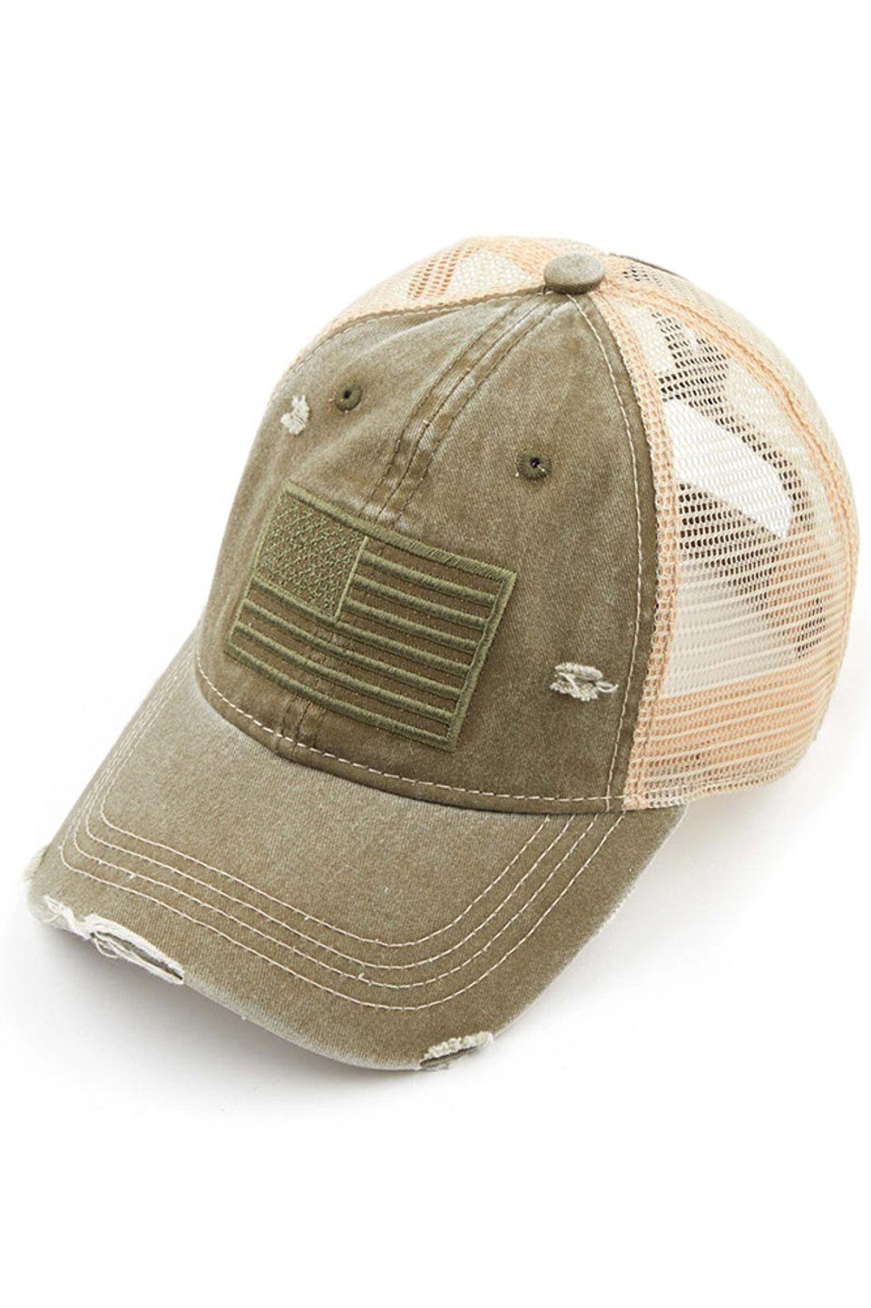 Olive C.C U.S.A EMBROIDERY American Flag PONYCAP features premium quality materials and intricate embroidery of the American flag, perfect for proudly representing your country. The cap's design is stylish and versatile, making it suitable for various occasions. Show your patriotism with pride and style.