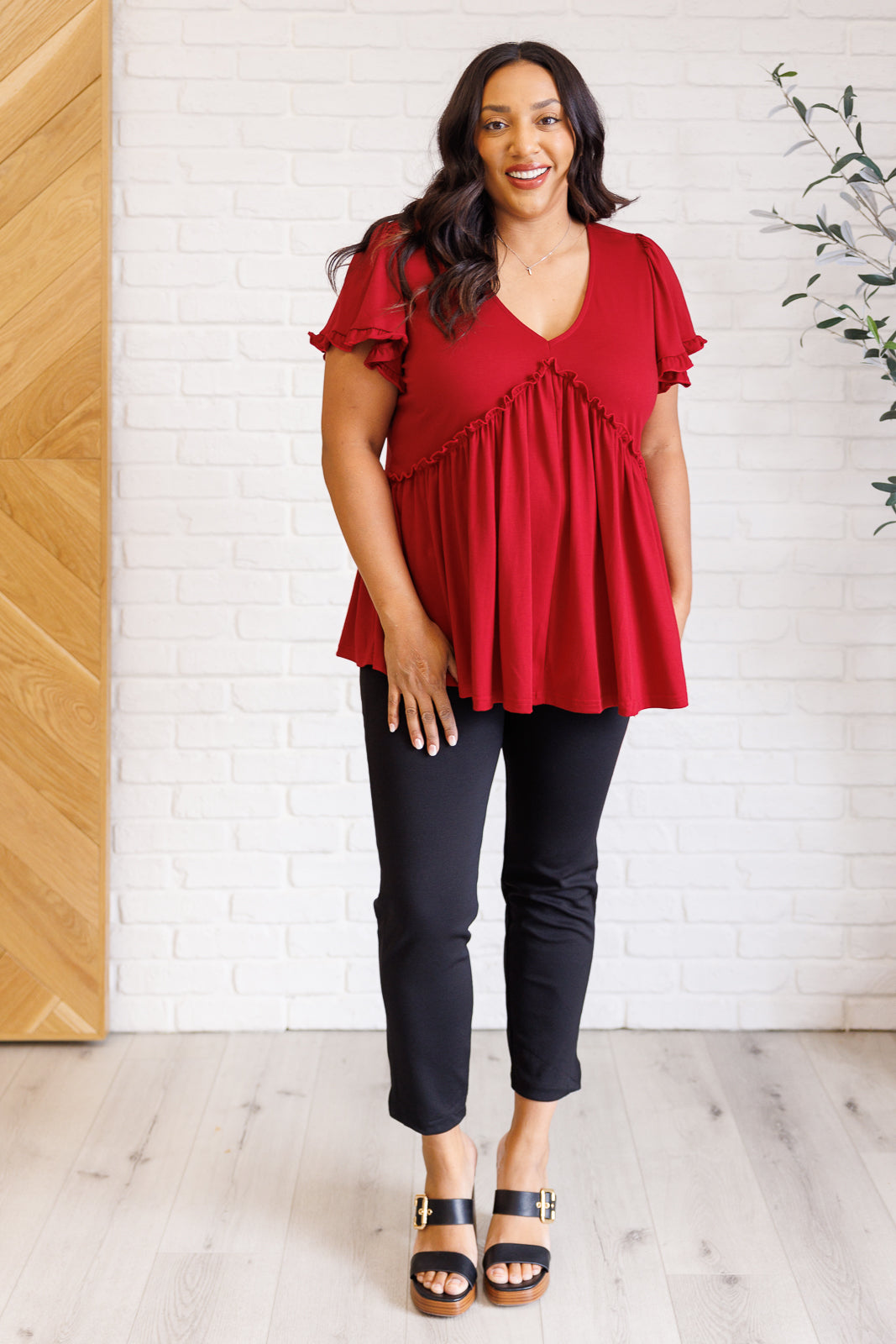 One Day Soon V-Neck Ruffle Detail Top - Charming Charlie