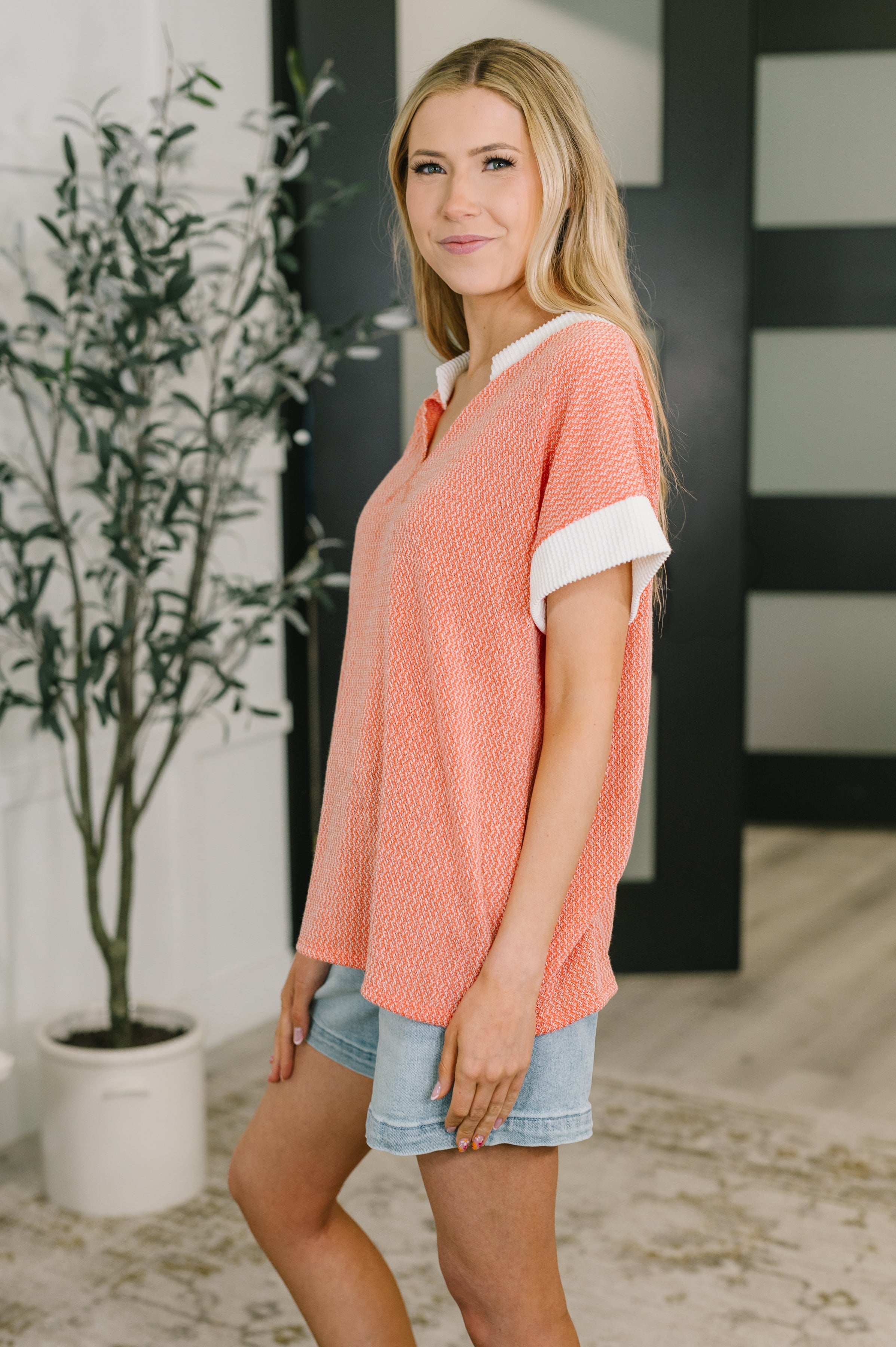 One Piece at a Time V-Neck Short Sleeve Top in Coral - Charming Charlie