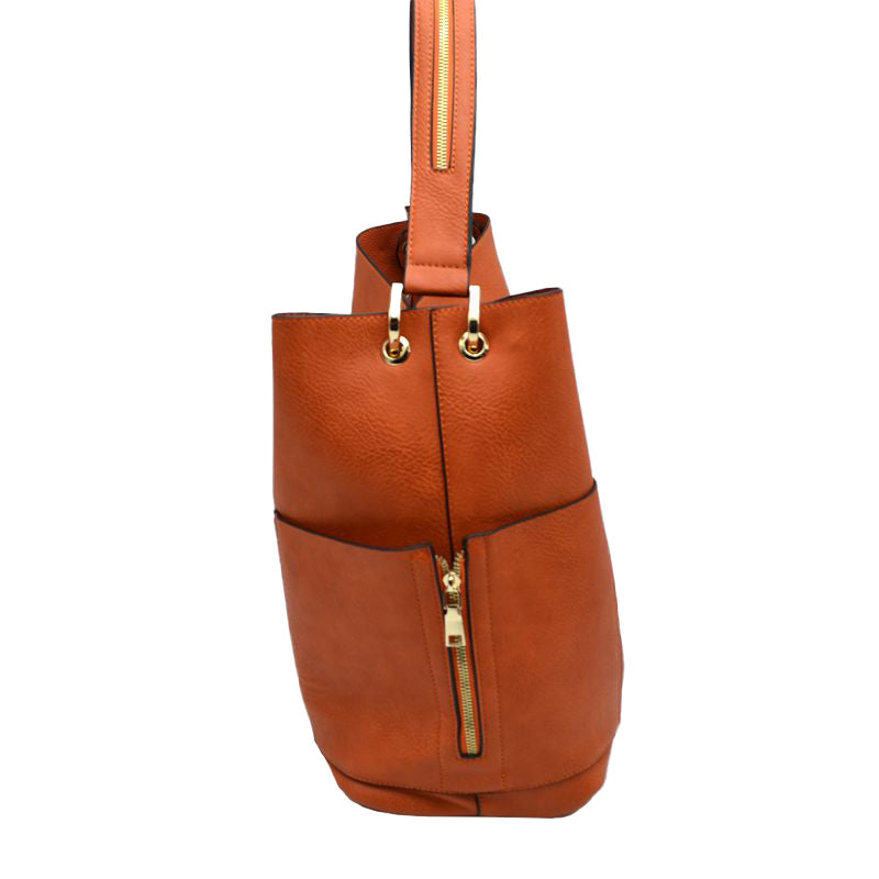 Orange 2in1 Chic Satchel Side Pocket With Long Strap Bucket Bag, This casual crossbody bucket bag is super soft Vegan leather and has convenient side pockets to carry water bottles, phones, or glasses and a removable zipper pouch. Gold hardware. Extra bag inside and strap to make it a crossbody. Perfect for carrying around your stuff, this bag is big enough for all your daily essentials.