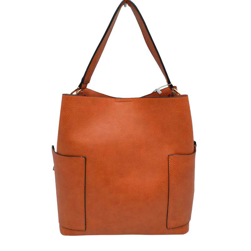 Orange 2in1 Chic Satchel Side Pocket With Long Strap Bucket Bag, This casual crossbody bucket bag is super soft Vegan leather and has convenient side pockets to carry water bottles, phones, or glasses and a removable zipper pouch. Gold hardware. Extra bag inside and strap to make it a crossbody. Perfect for carrying around your stuff, this bag is big enough for all your daily essentials.
