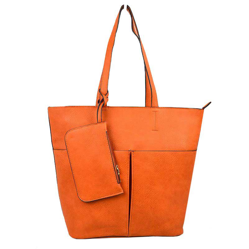 Orange 3 In 1 Large Soft Leather Women's Tote Handbags, There's spacious and soft leather tote offers triple the styling options. Featuring a spacious profile and a removable pouch makes it an amazing everyday go-to bag. Spacious enough for carrying any and all of your outgoing essentials. The straps helps carrying this shoulder bag comfortably. Perfect as a beach bag to carry foods, drinks, big beach blanket, towels, swimsuit, toys, flip flops, sun screen and more.