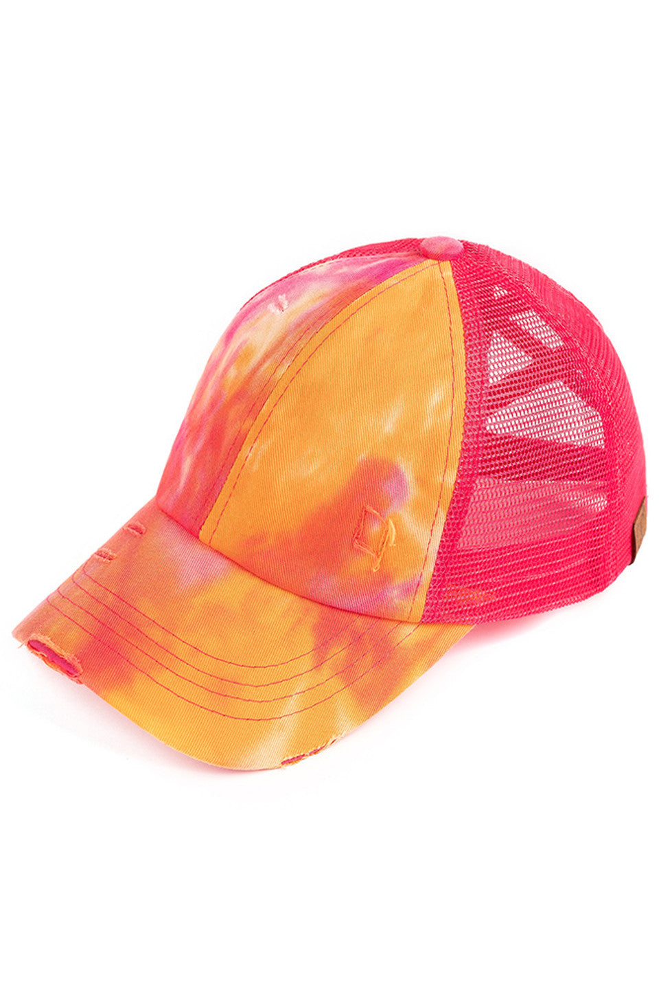 Orange C.C TIE DYE CRISS-CROSS MESH PONYCAP is a trendy and stylish addition to any outfit. With its unique tie-dye design and criss-cross mesh detailing, it's sure to turn heads. Made with high-quality materials, this ponytail cap provides both comfort and style. Perfect for any fashion-forward individual looking to make a statement.