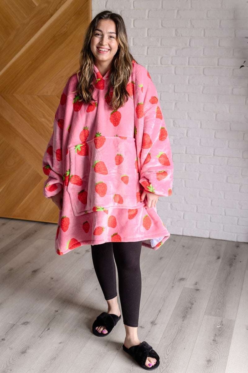 Black Strawberry Family Matching Flannel Oversize Wearable Hoodie Blanket Sweatshirt