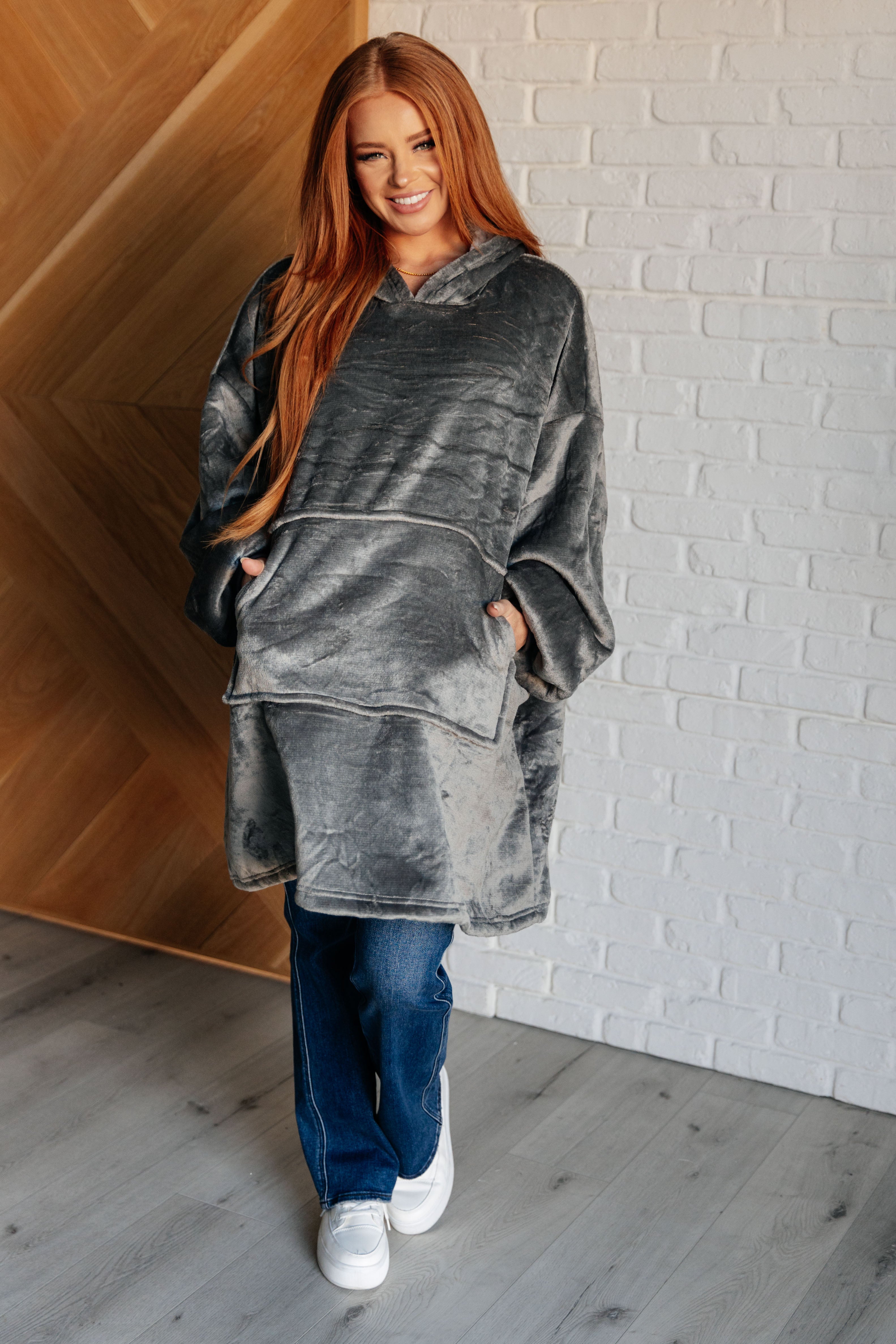 Oversized Velour Blanket Hoodie in Gray - Charming Charlie