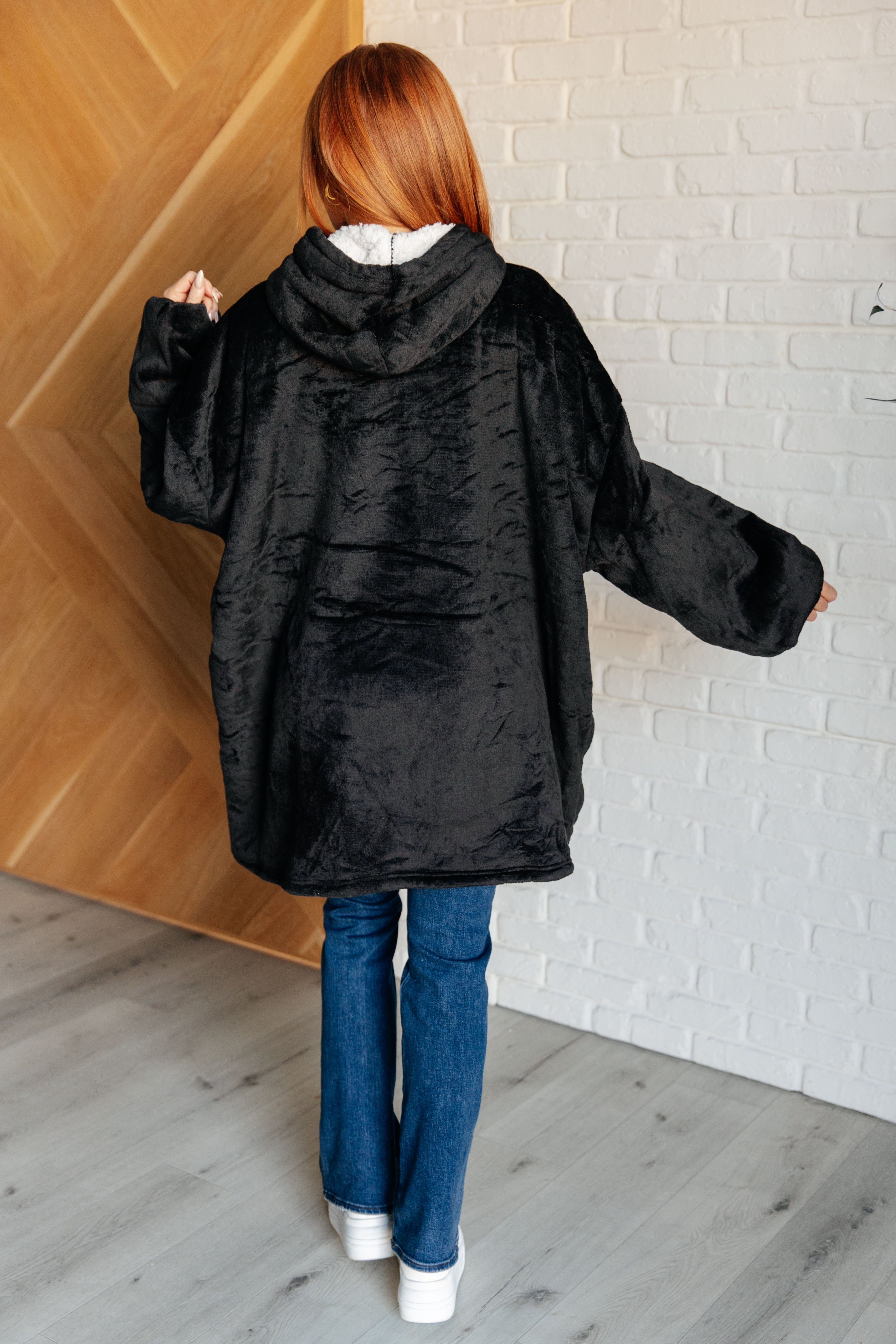 Oversized Velour Blanket Hoodie in Black - Charming Charlie