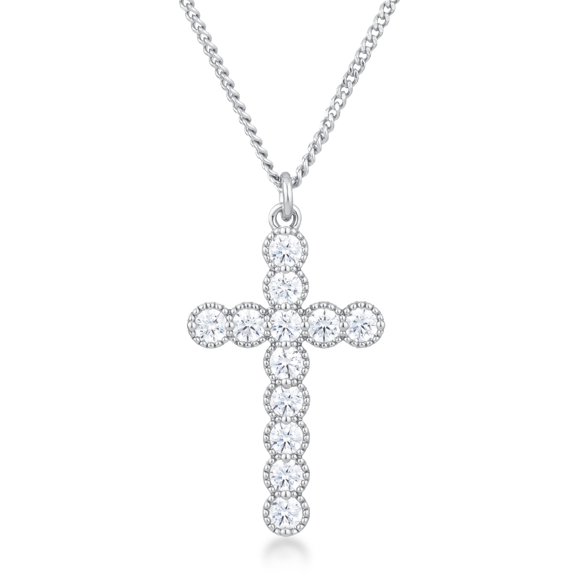 Micro Beaded Rhodium Plated Clear CZ Cross Pendant - Charming Charlie