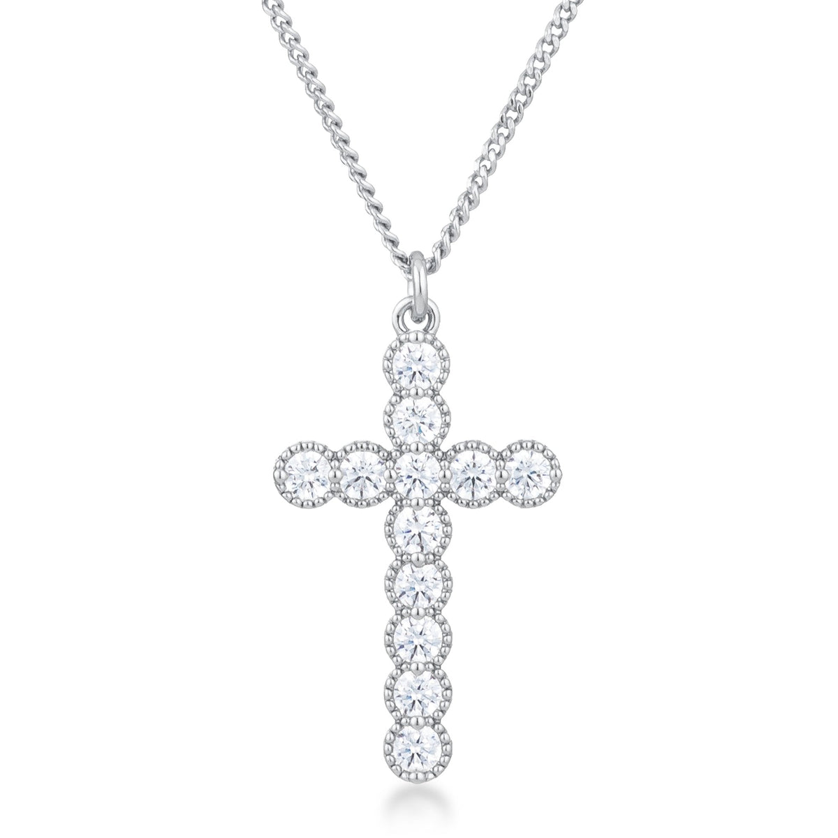 Micro Beaded Rhodium Plated Clear CZ Cross Pendant - Charming Charlie