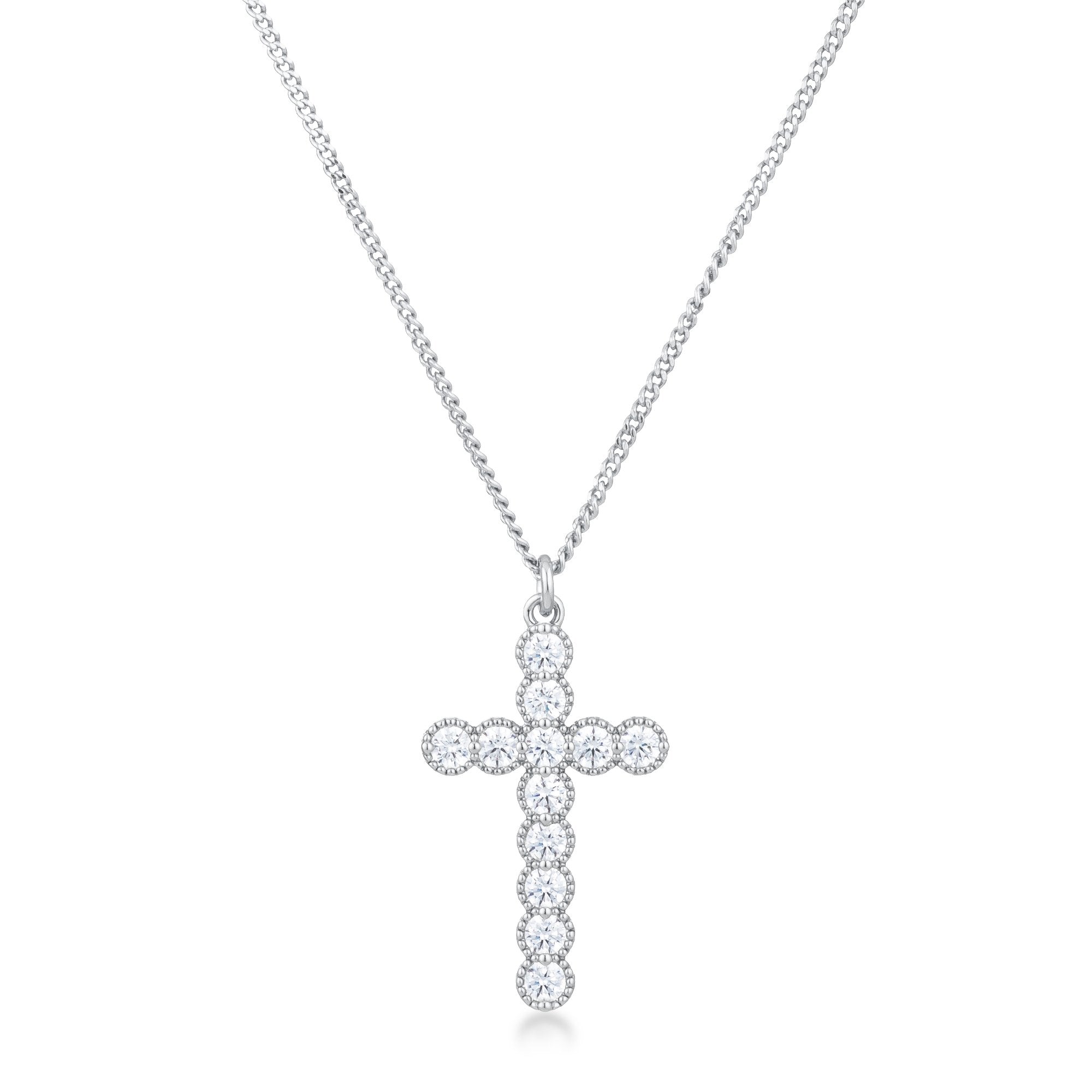 Micro Beaded Rhodium Plated Clear CZ Cross Pendant - Charming Charlie