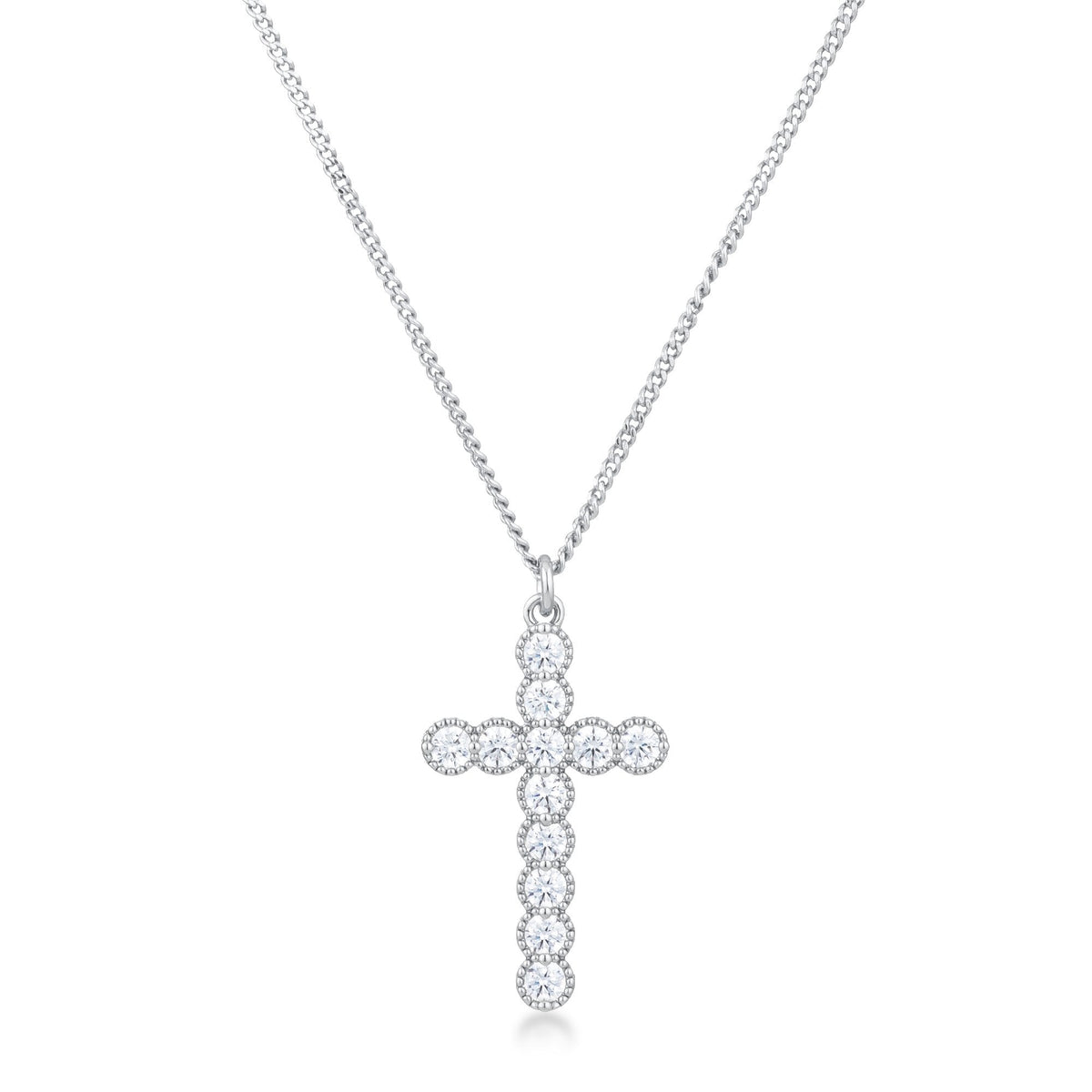 Micro Beaded Rhodium Plated Clear CZ Cross Pendant - Charming Charlie