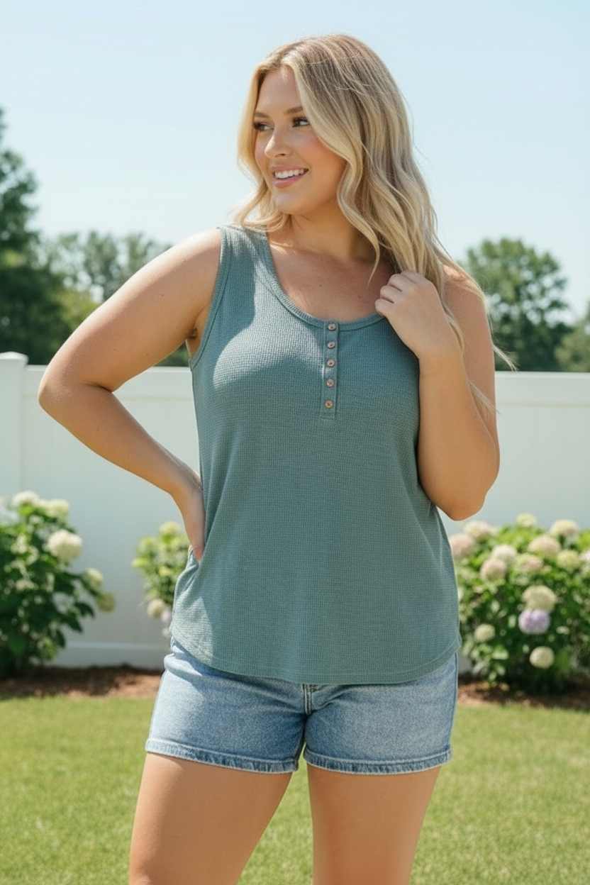 Waffle Knit Henley Tank in Dusty Teal - Charming Charlie