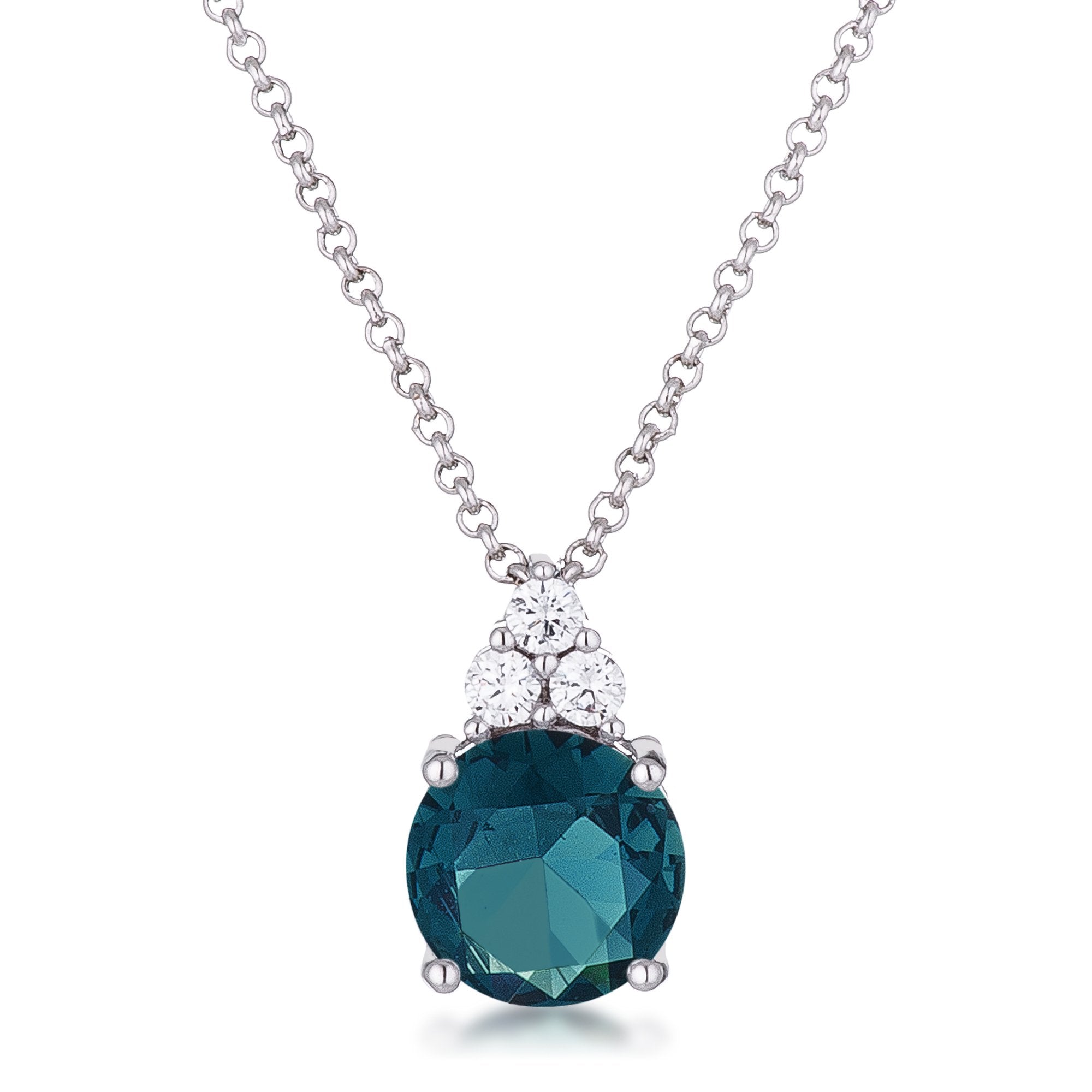 Simple Rhodium Plated 9mm Blue Green CZ Pendant - Charming Charlie